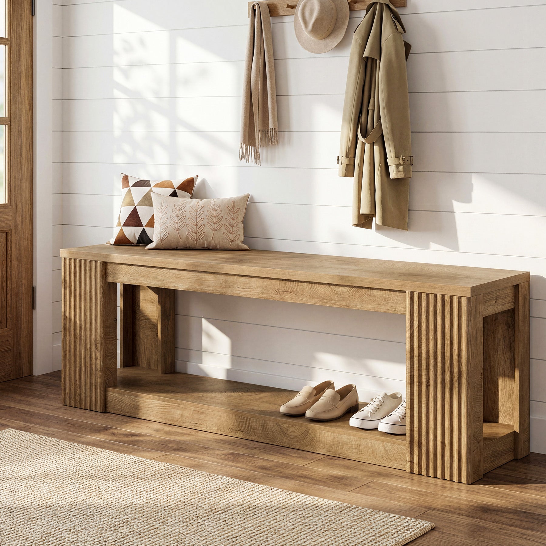 63" Entryway Bench, 2-Tier Shoe Bench End of Bed Seat for Hallway, Bedroom