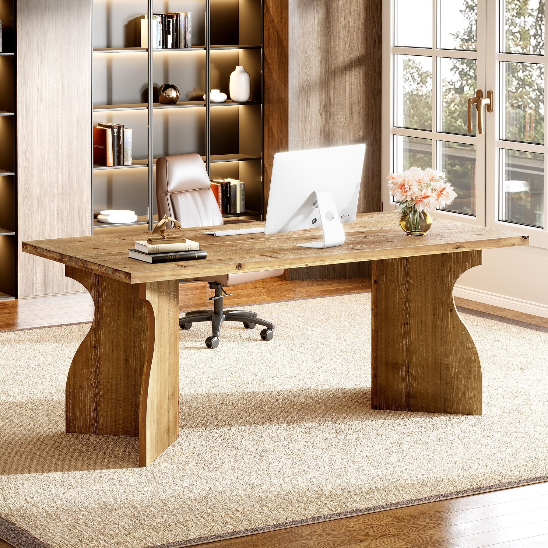 Solid Wood Executive Desk, 63" Office Computer Desk with V-Shaped Legs