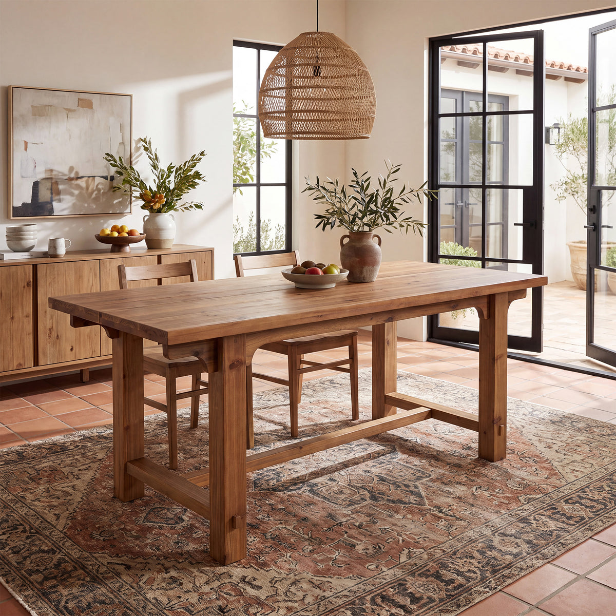 63" Solid Wood Dining Table for 4-6, Rectangular Kitchen Table with Thick Trestle Legs