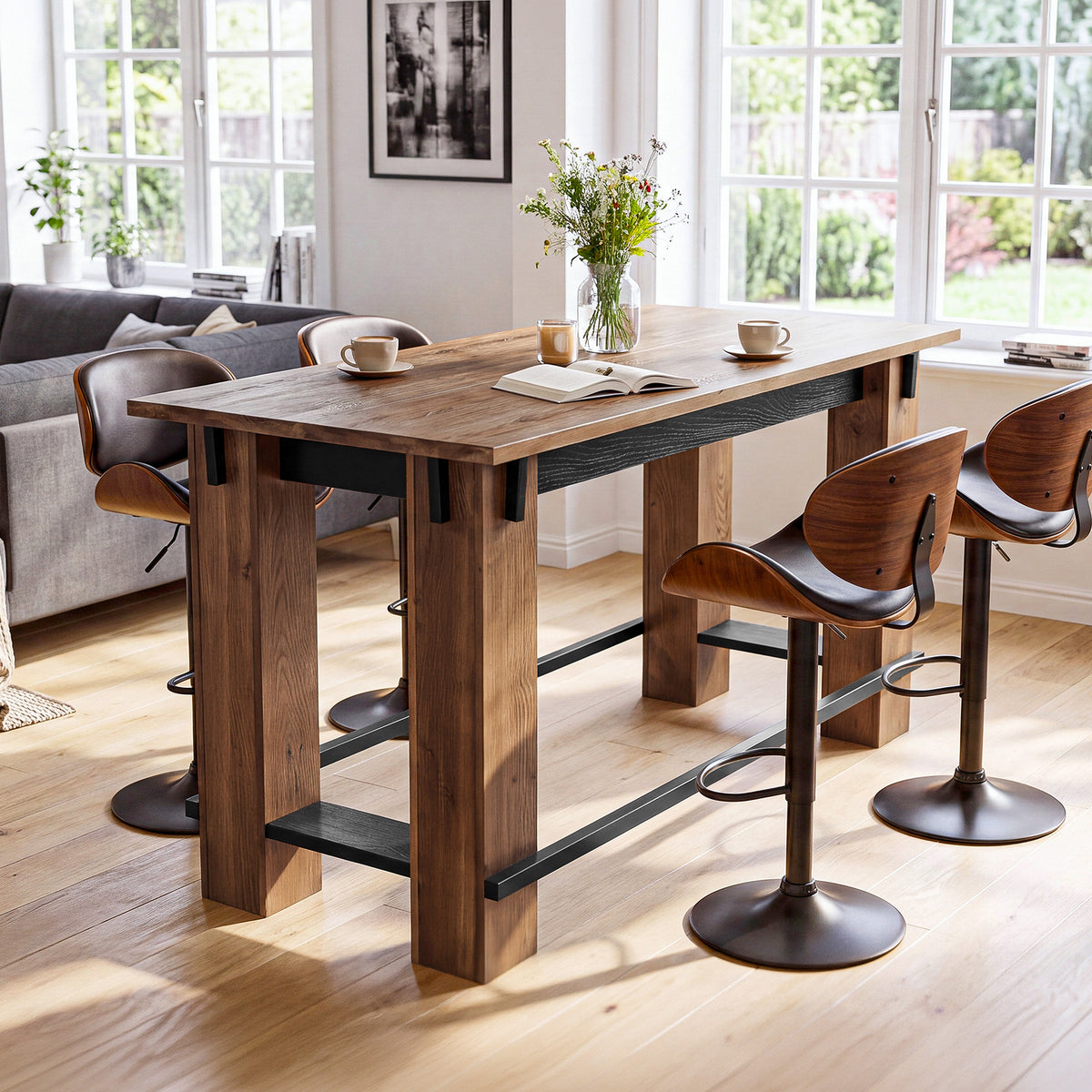 63" Farmhouse Industrial Kitchen Island with Footrest, Counter Height Solid Wood