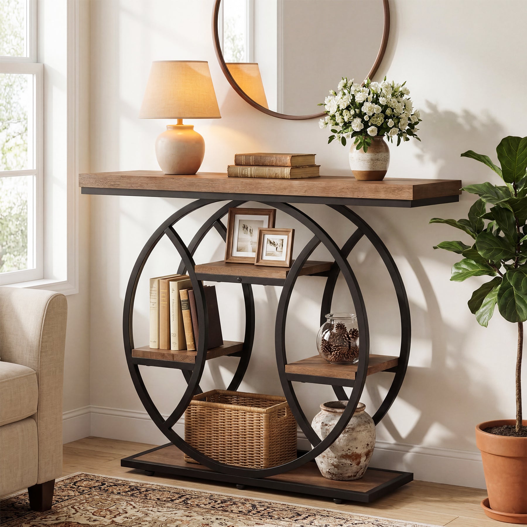 41.3" Industrial Console Table with 4-Tier Shelves – Circle Metal Frame Entryway Sofa Table