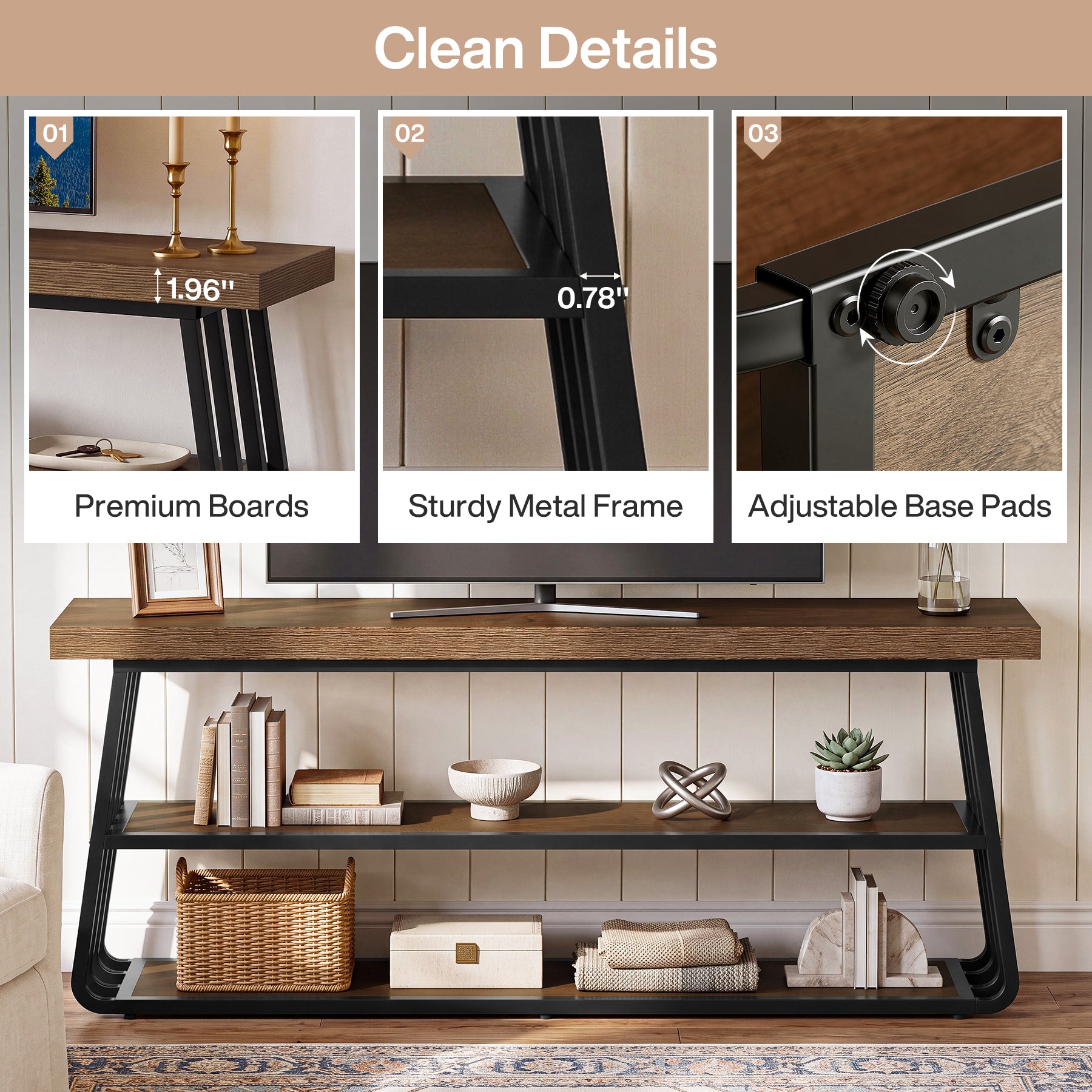 63" TV Stand for 55-75" TV, 3-Tier Entertainment Media Console with Metal Frame for Living Room