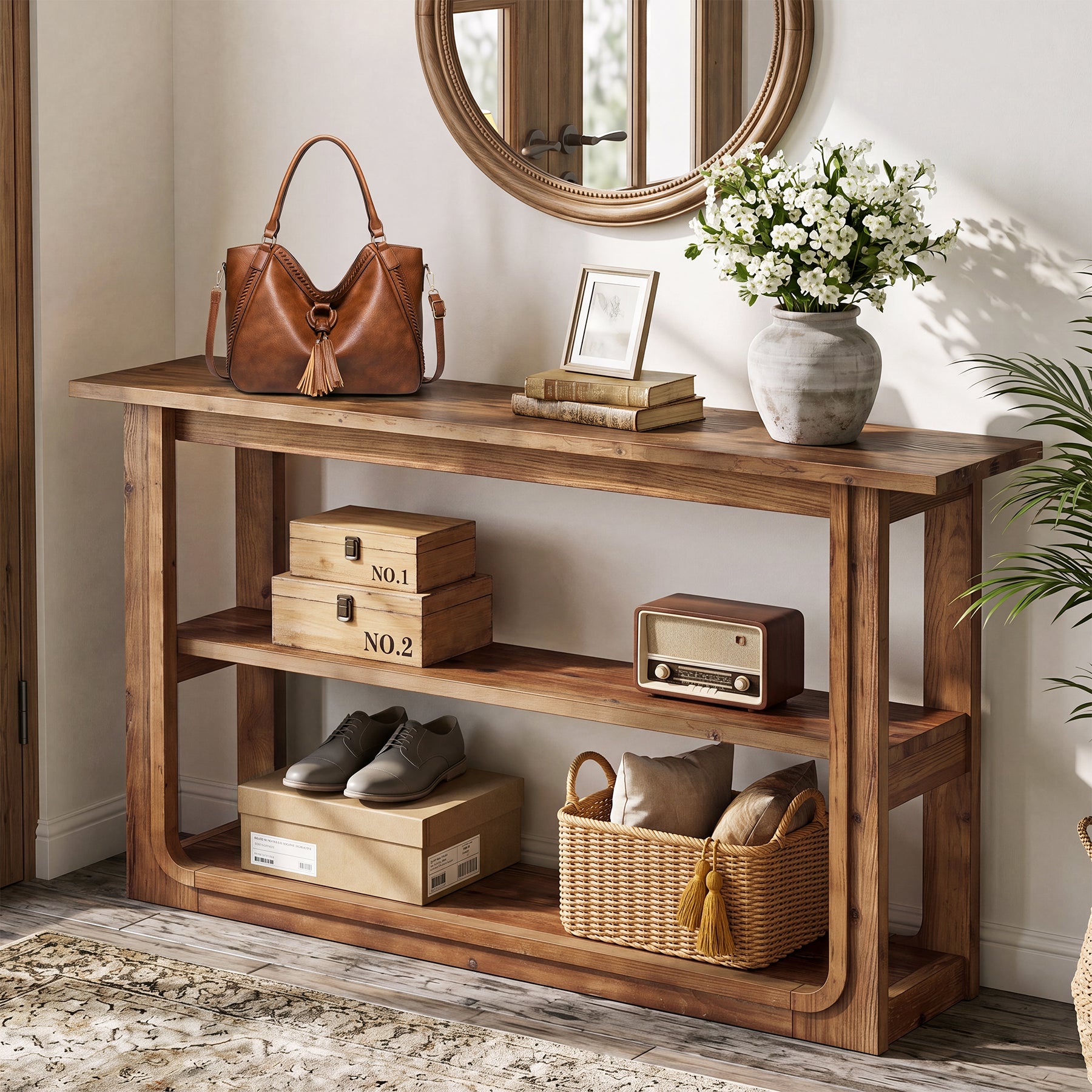 55" Solid Wood Console Table, 3-Tier Farmhouse Accent Sofa Table for Entryway