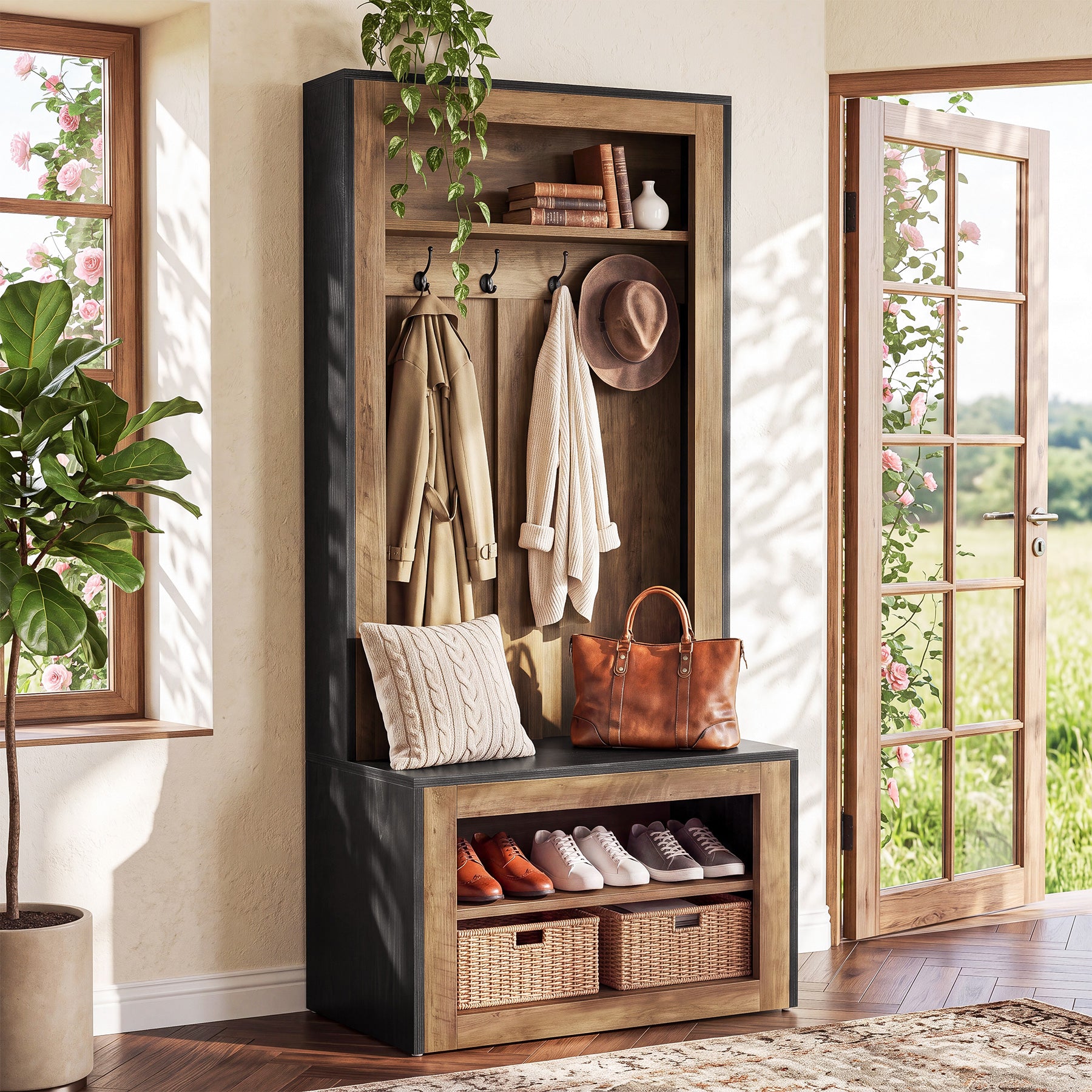 70.8" Tall Farmhouse Hall Tree with Shoe Bench & 4 Hooks, 4-in-1 Entryway Coat Rack Organizer