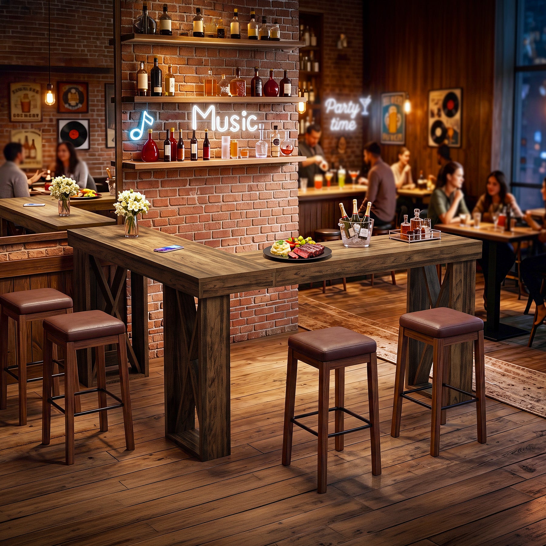 L-Shaped Bar Table, 63" x 55" High Top Corner Dining Table Pub Table with X-Cutout Leg