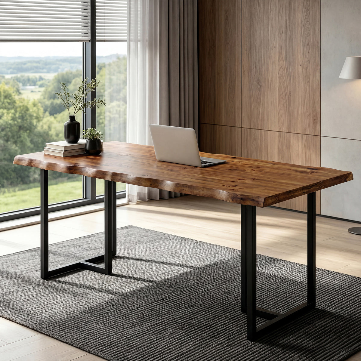 63" Live Edge Executive Desk, Solid Wood Home Office Desk, Heavy-Duty Metal Frame