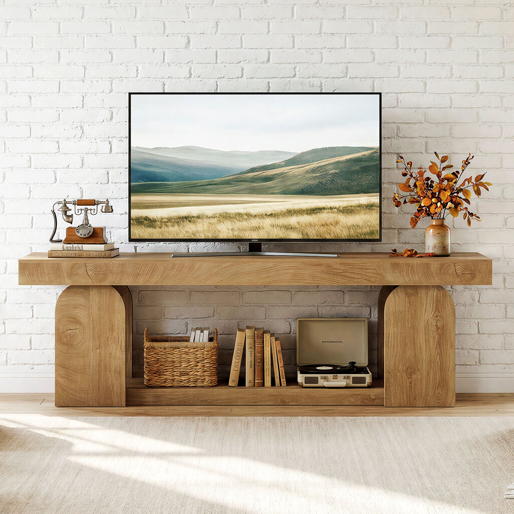 63" Farmhouse TV Stand for TVs up to 75", Wooden Entertainment Center with Open Storage Shelf