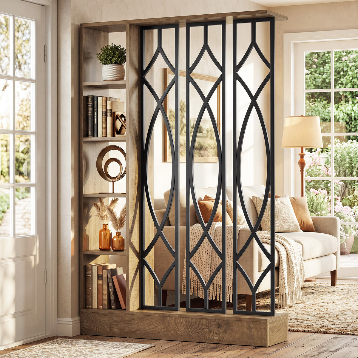 71" Industrial Room Divider with Shelves, Freestanding Storage Partition