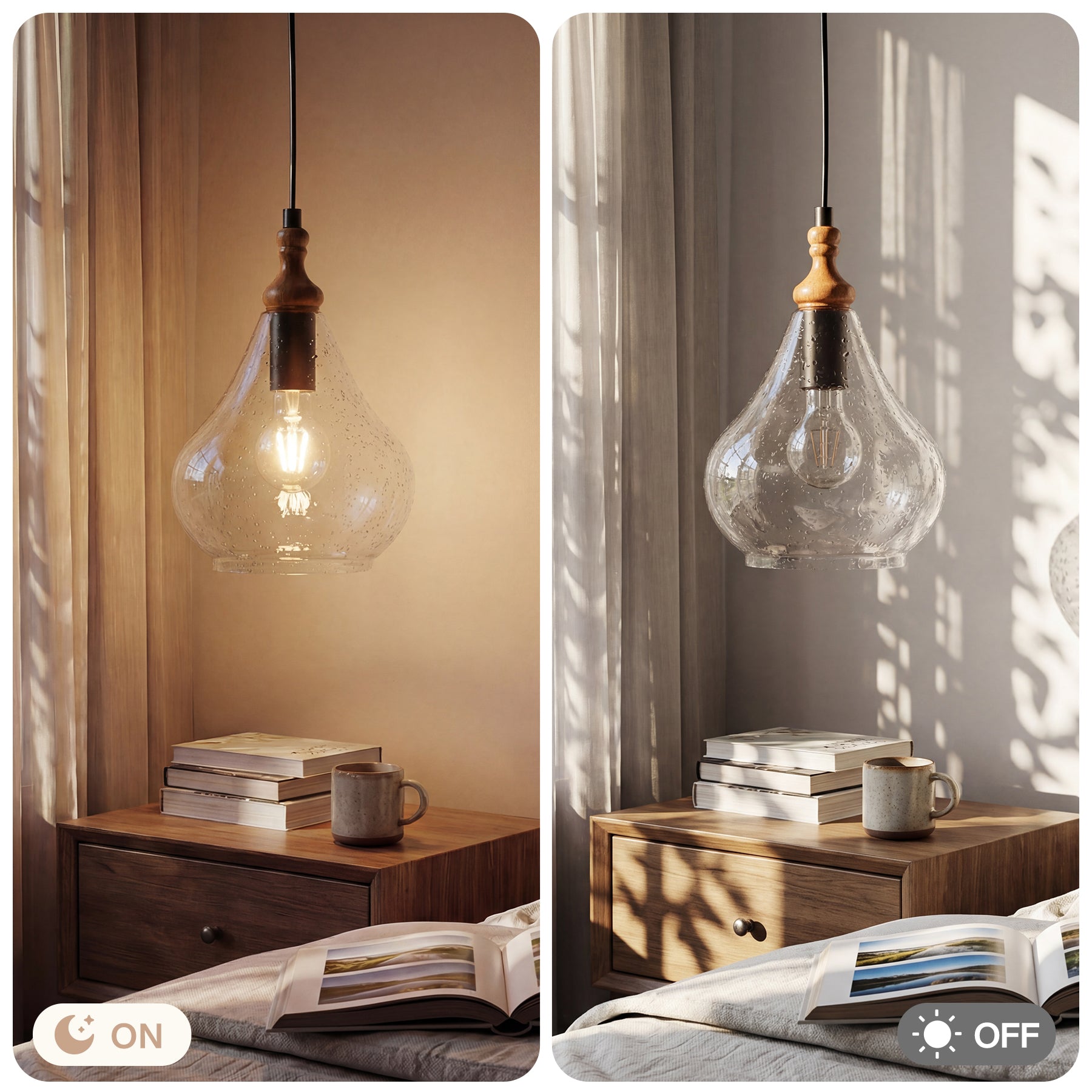 Farmhouse Teardrop Pendant Light, Adjustable Hanging Light Fixture with Seeded Glass Shade