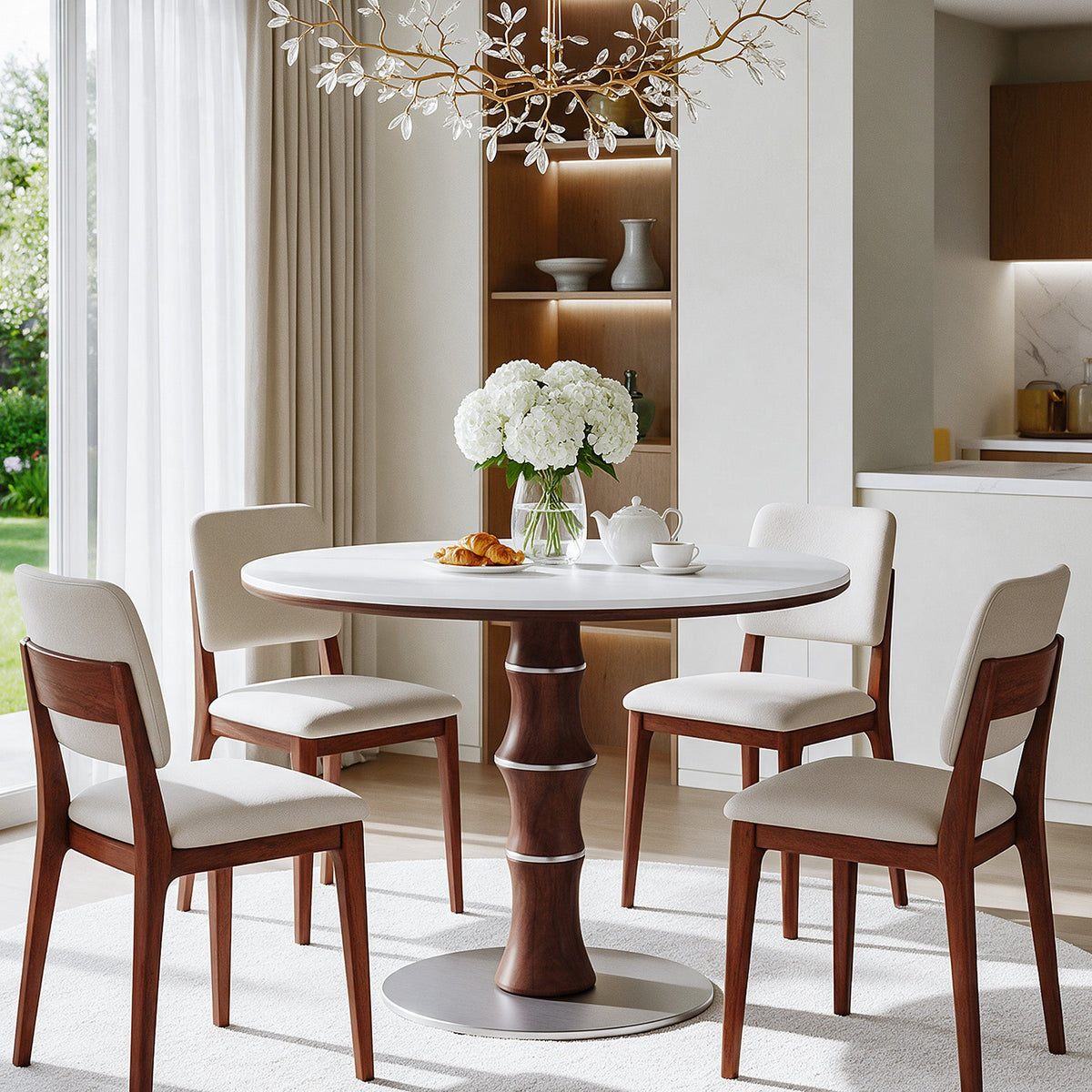35" Round Sintered Stone Dining Table for 2-4, Rubberwood Pedestal