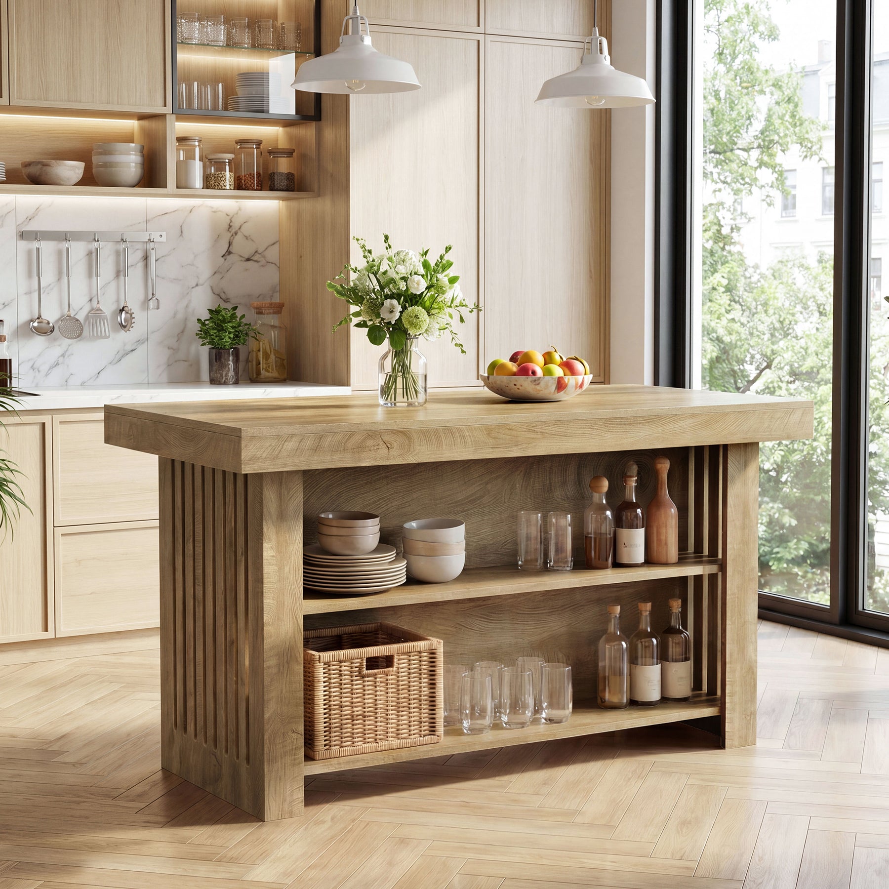 63" Farmhouse Island Table, Large Kitchen Counter with Open Shelves for Dining Room