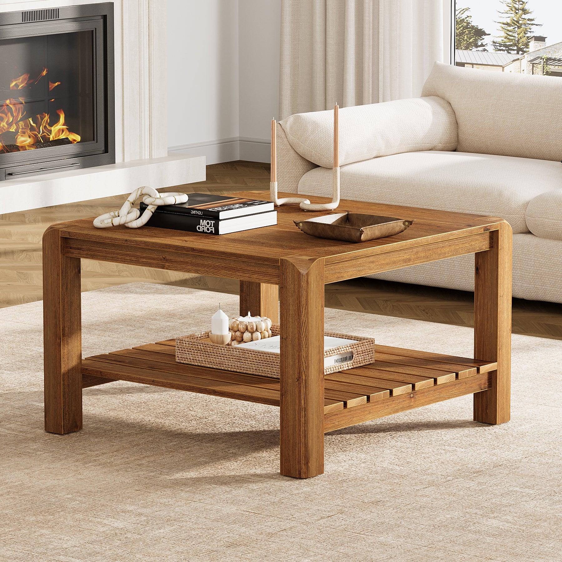 31.5" Modern Coffee Table, 2-Tier Solid Wood Square Center Table