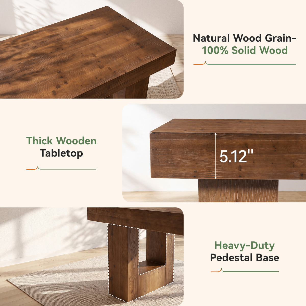 63" Solid Wood Dining Table for 4-6, Rectangular Kitchen Table with Heavy-Duty Base