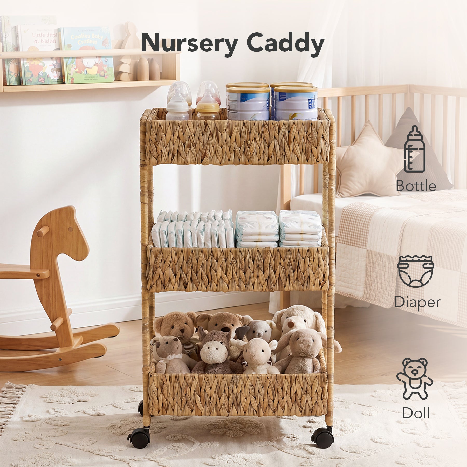 3-Tier Water Hyacinth Rolling Cart, Utility Storage Cart with Wheels for Bathroom Kitchen