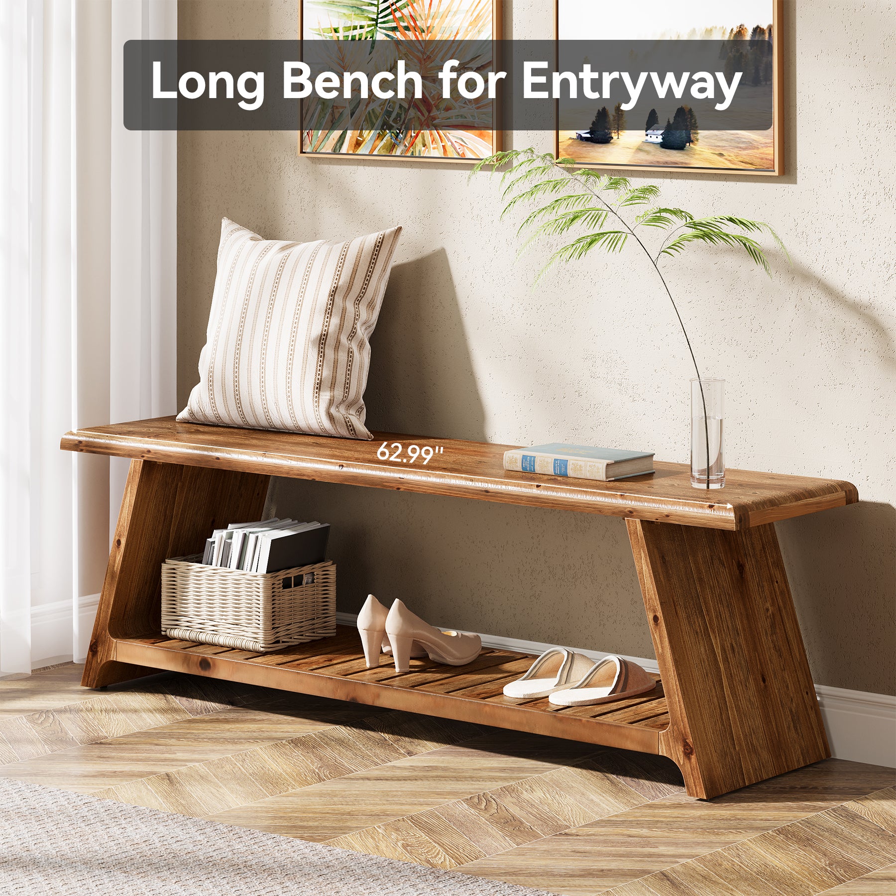 63" Solid Wood Entryway Bench, Narrow Shoe Bench Seat with Storage