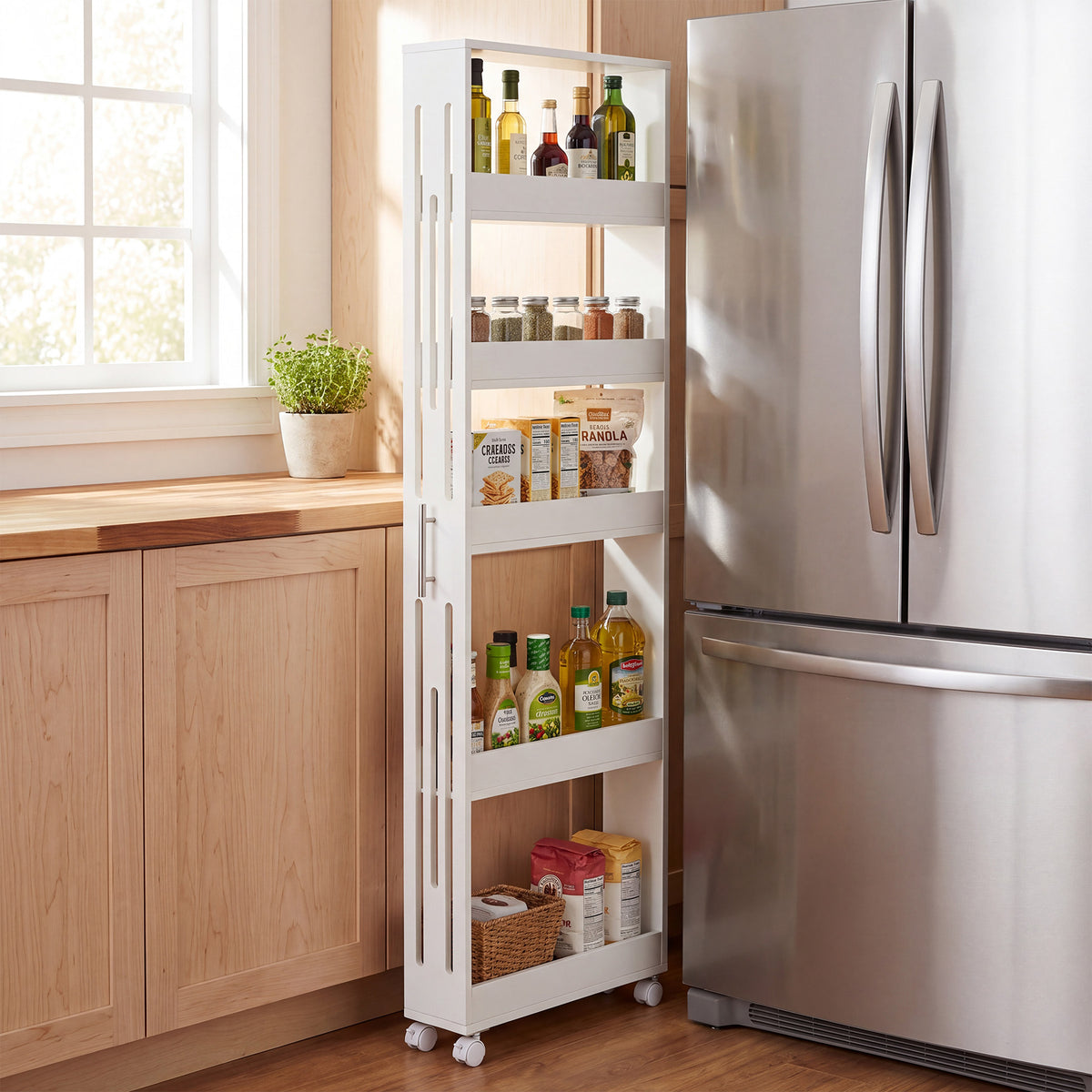 65" Slim Storage Cart on Wheels, 5-Tier Kitchen Cart Skinny Utility Mobile Shelf Organizer