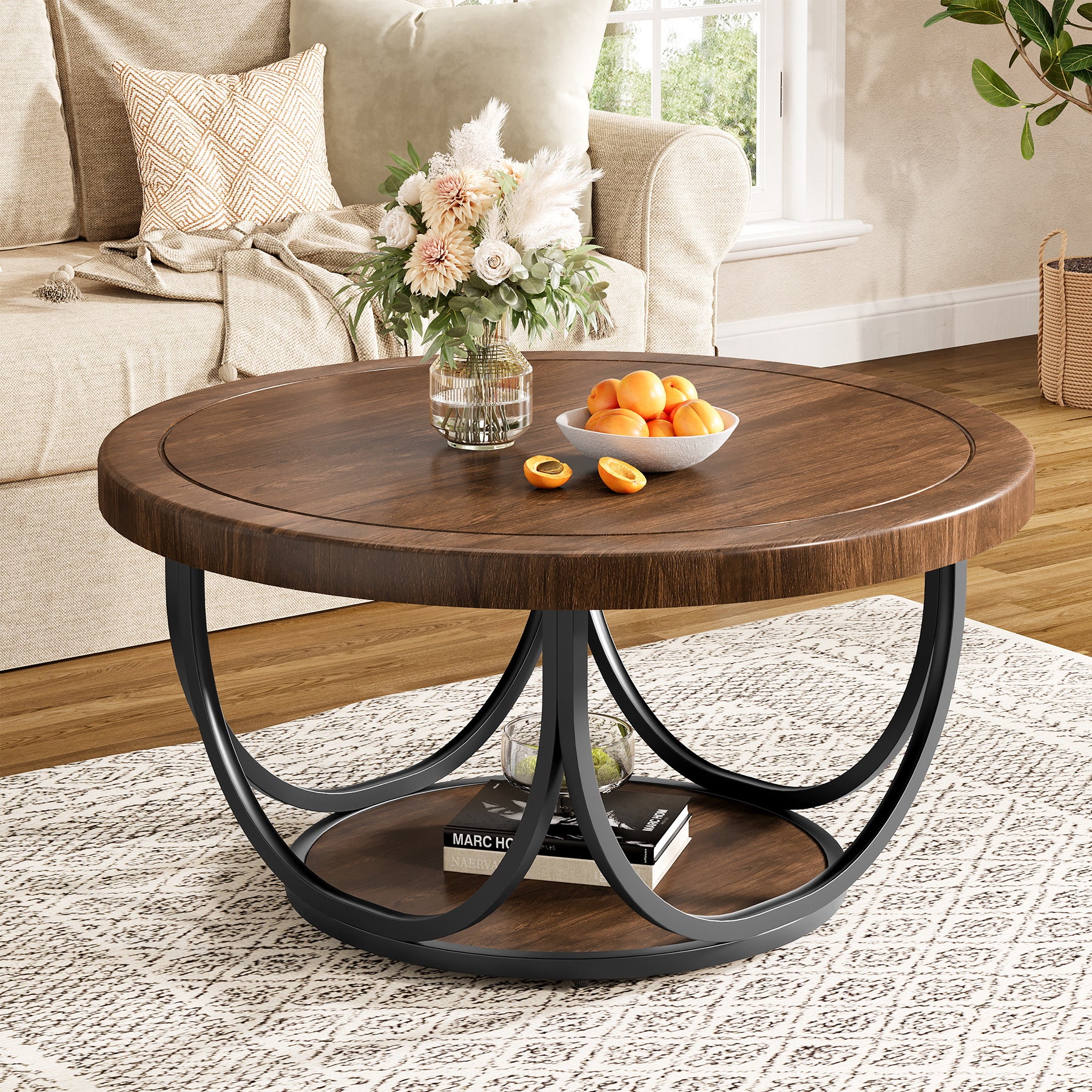 Round Coffee Table, 35.4" Circle Accent Cocktail Table with Storage Shelf