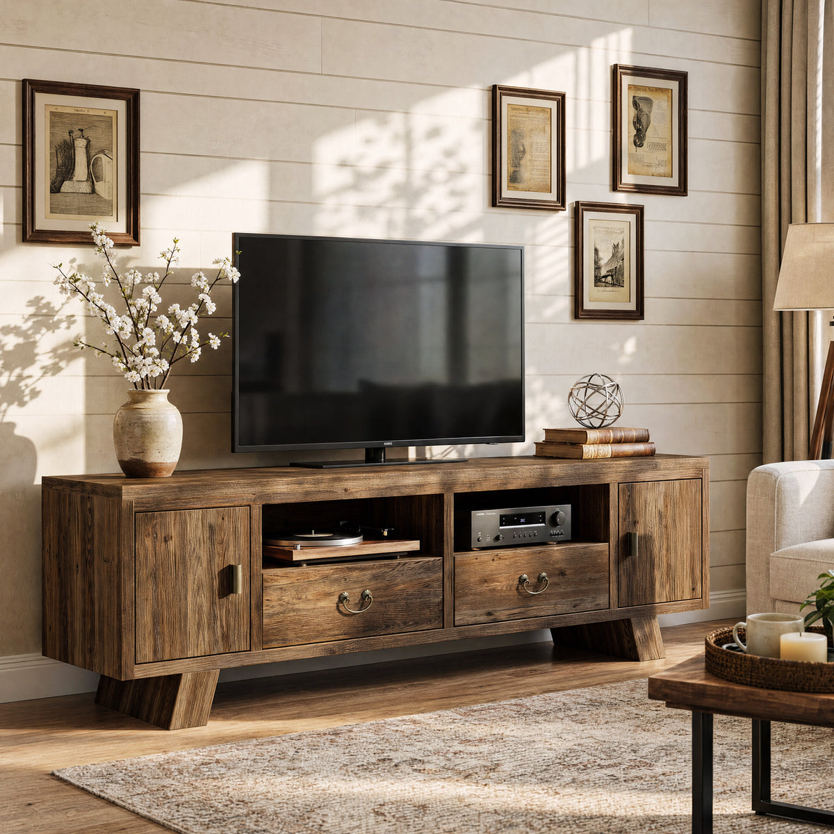 71" Farmhouse Solid Wood TV Stand for TVs Up to 80", Media Console with Storage