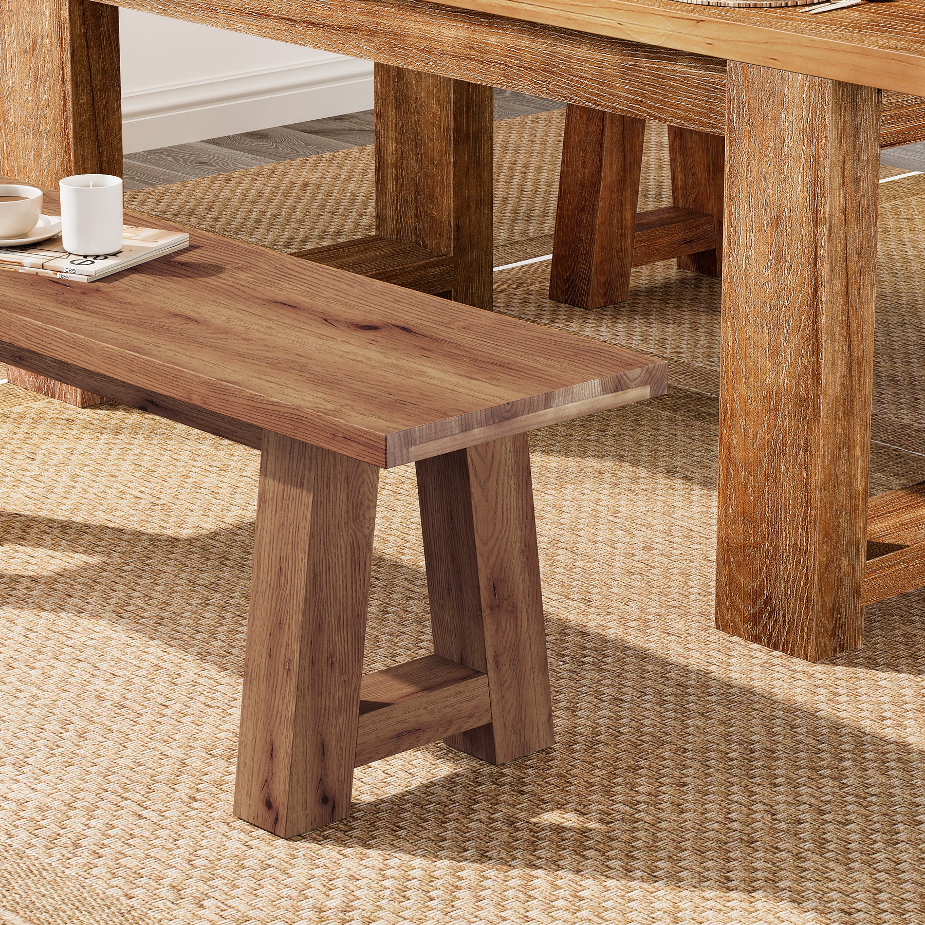 Solid Wood Dining Bench, 55" Entryway Bench with A-Shaped Legs