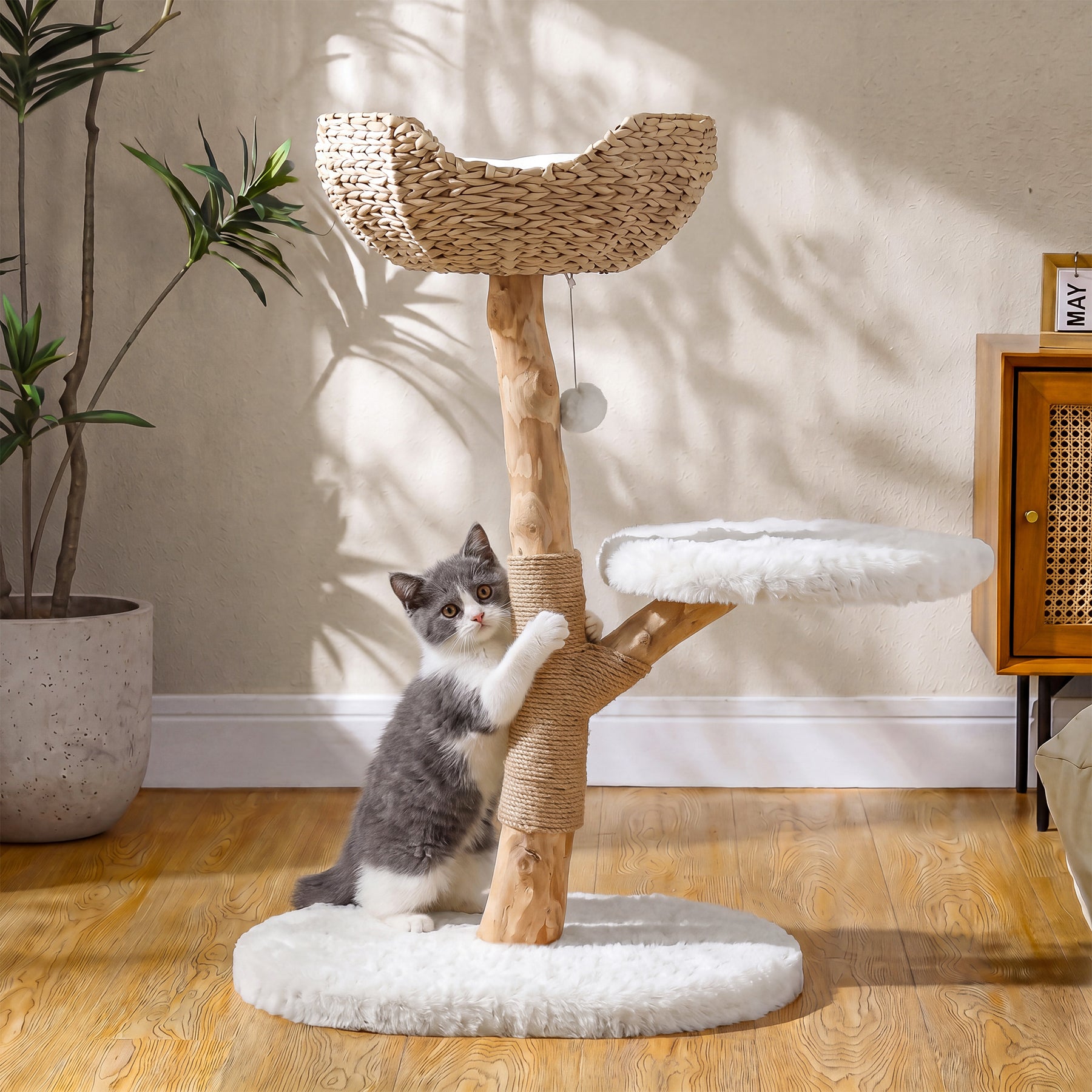 35" Tall Solid Wood Cat Tree, Boho Cat Tower with Cat Ear Wicker Basket Bed with Real Branch Design
