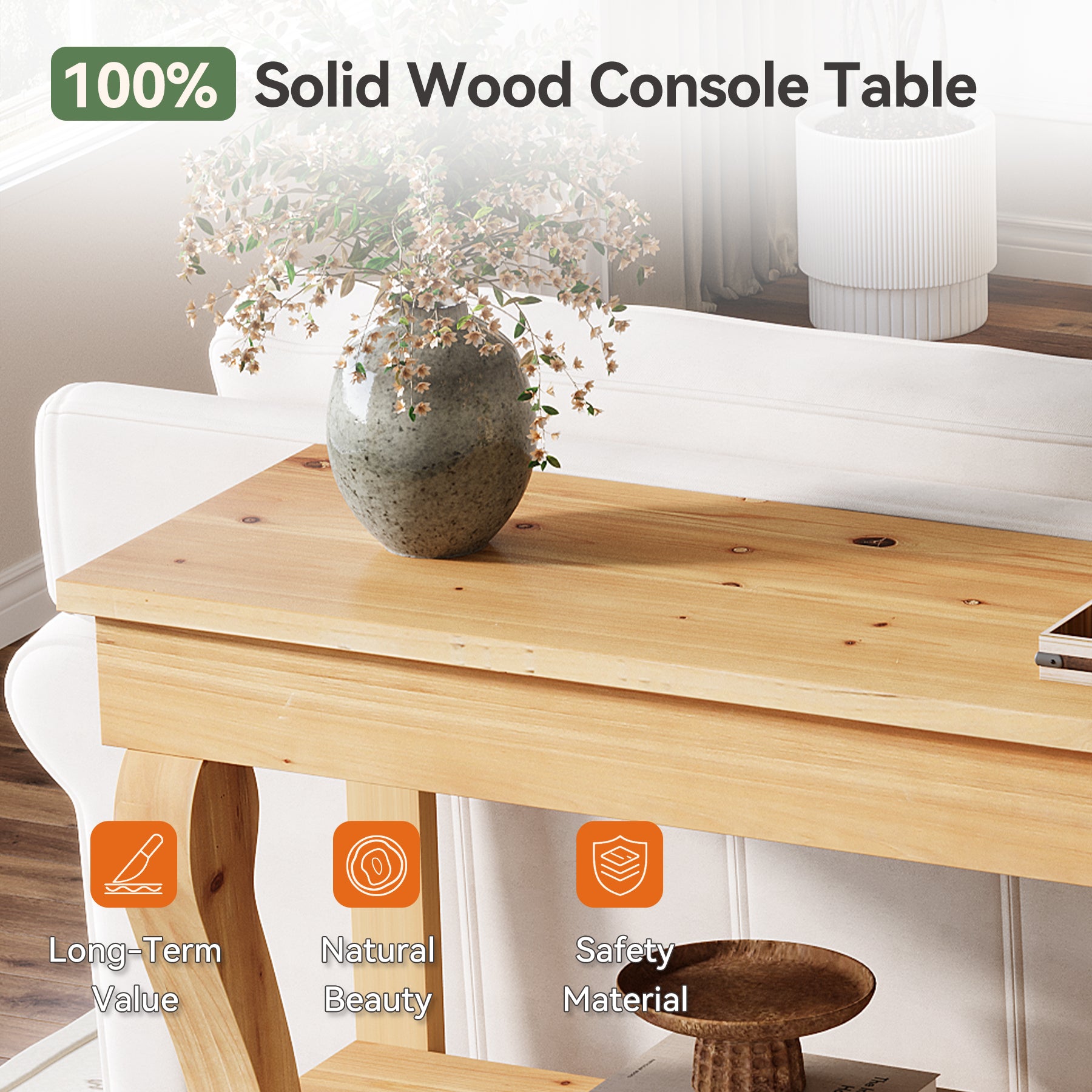 3-Tier Solid Wood Console Table, 63" Sofa Entryway Table with Storage