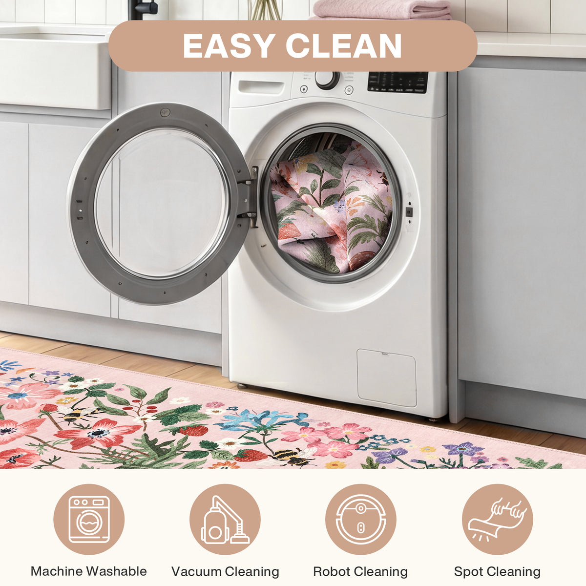 Washable Floral Area Rug, Non-Slip Low Pile Botanical Carpet