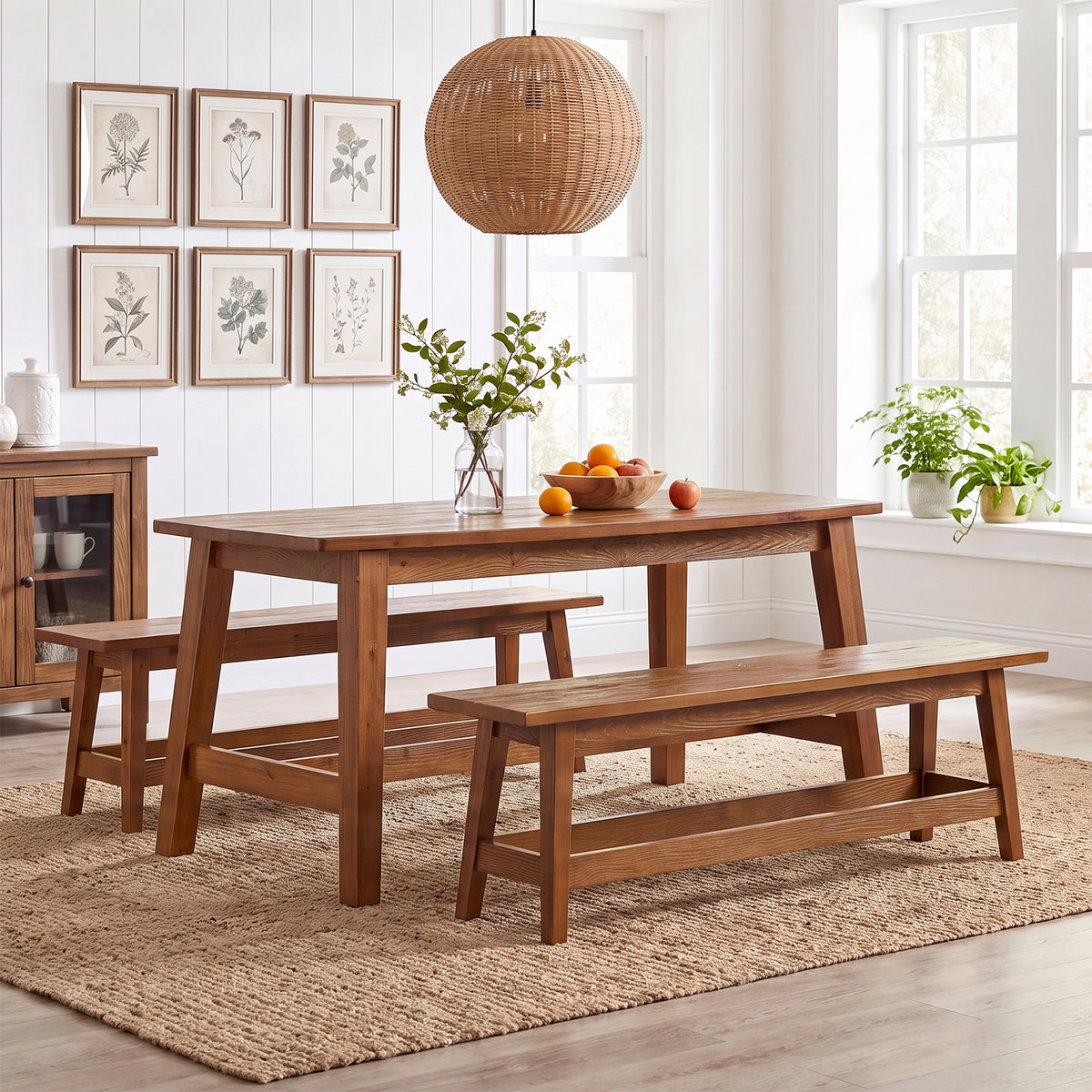 55" Farmhouse Dining Table Set with 2 Benches, Solid Wood Kitchen Table for 4