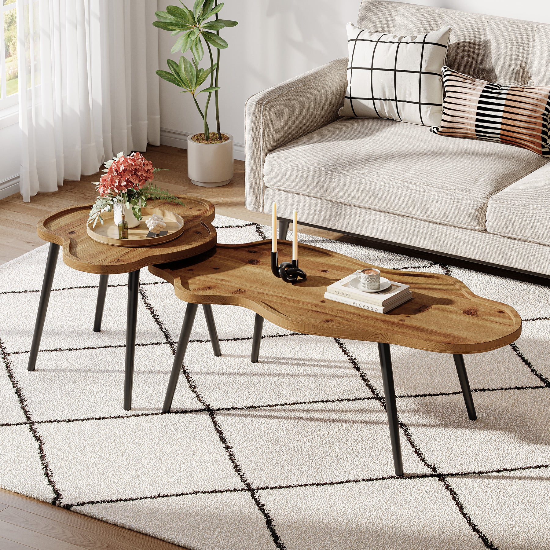 Tribesigns Nesting Coffee Table Set of 2, Solid Wood with Cloud Tabletop