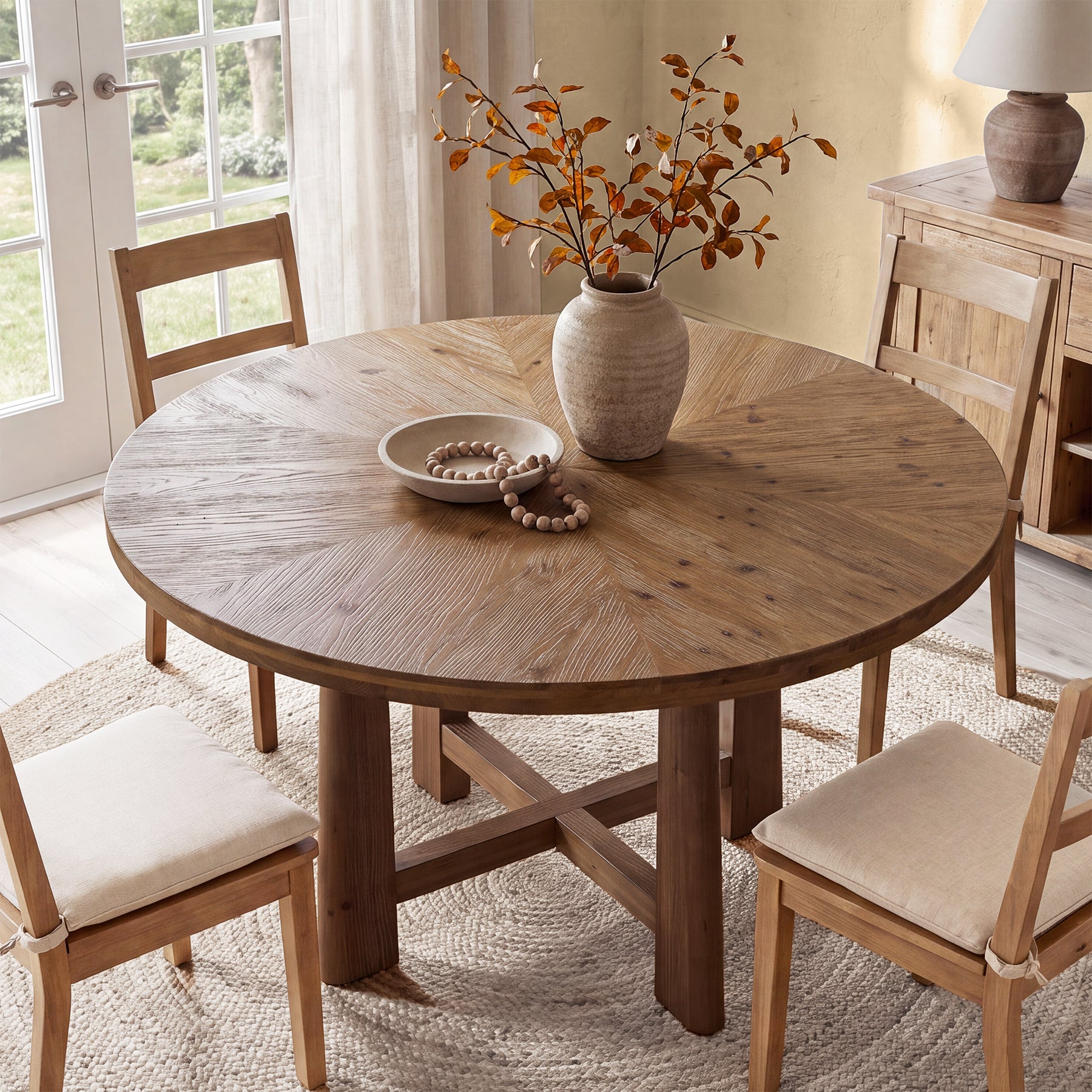 47" Round Farmhouse Dining Table for 6, Solid Wood Kitchen Table, Dining Room Living Room