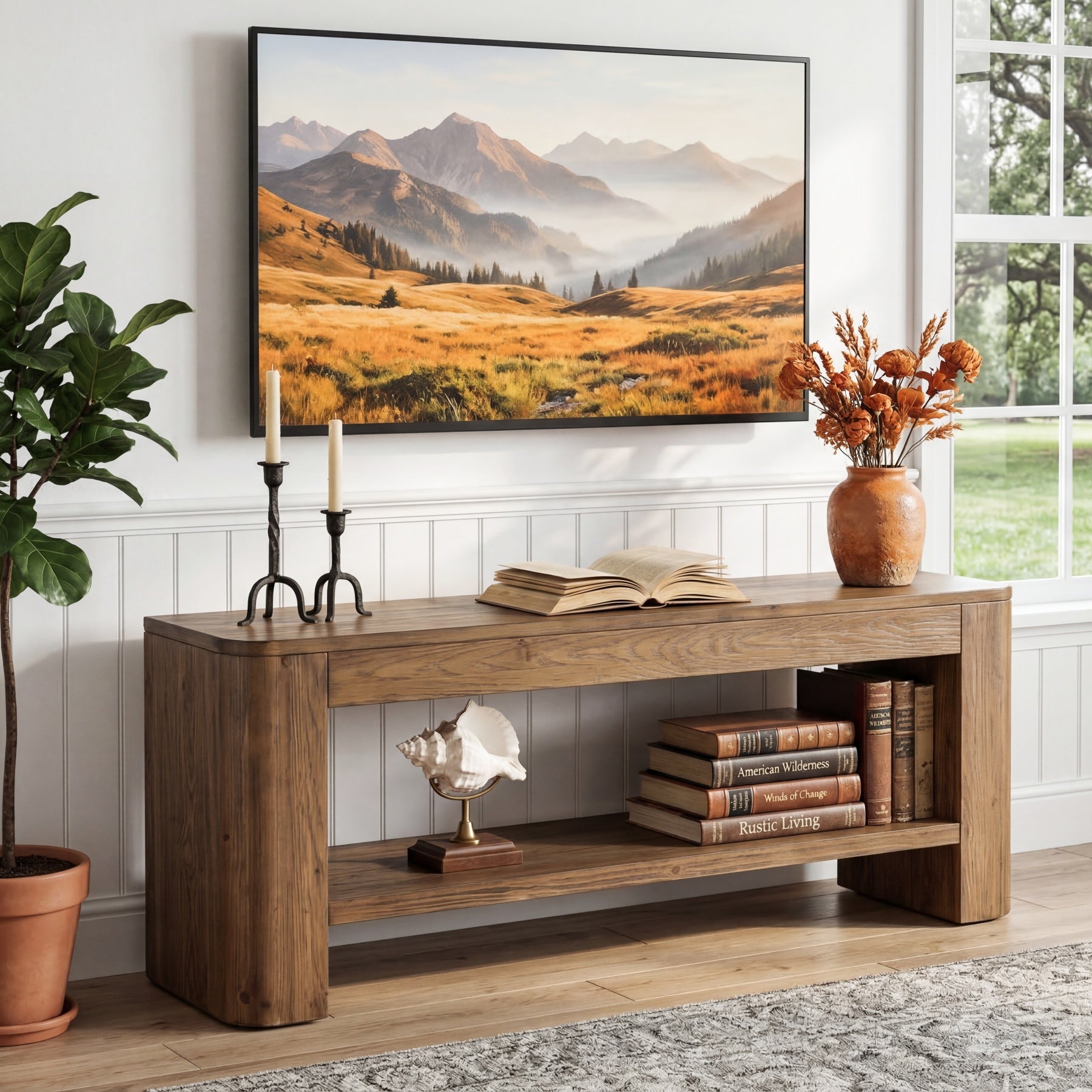59“ Solid Wood TV Stand for 55–65 Inch TVs, Farmhouse Media Console with Open Shelves for Living Room or Bedroom