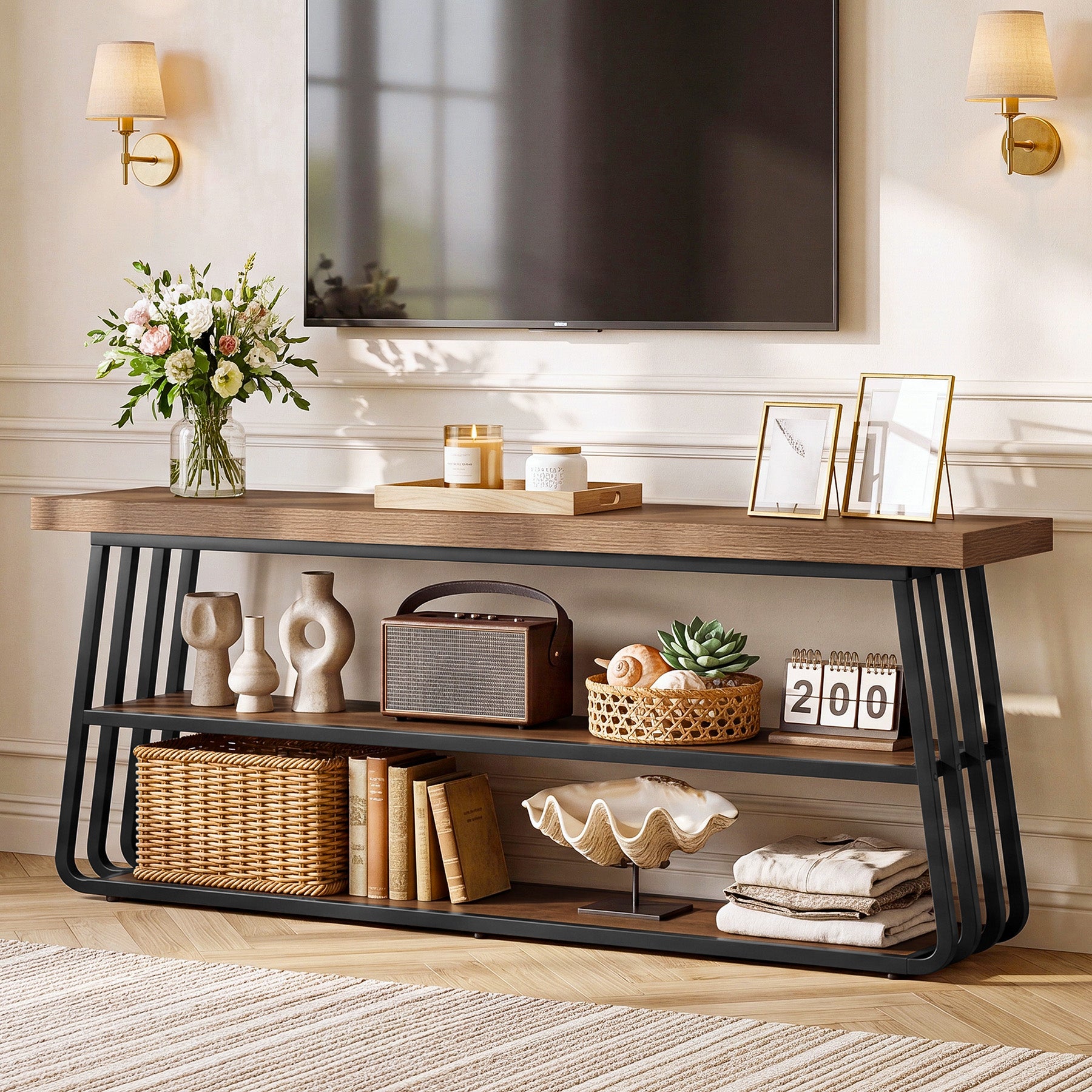 63" TV Stand for 55-75" TV, 3-Tier Entertainment Media Console with Metal Frame for Living Room