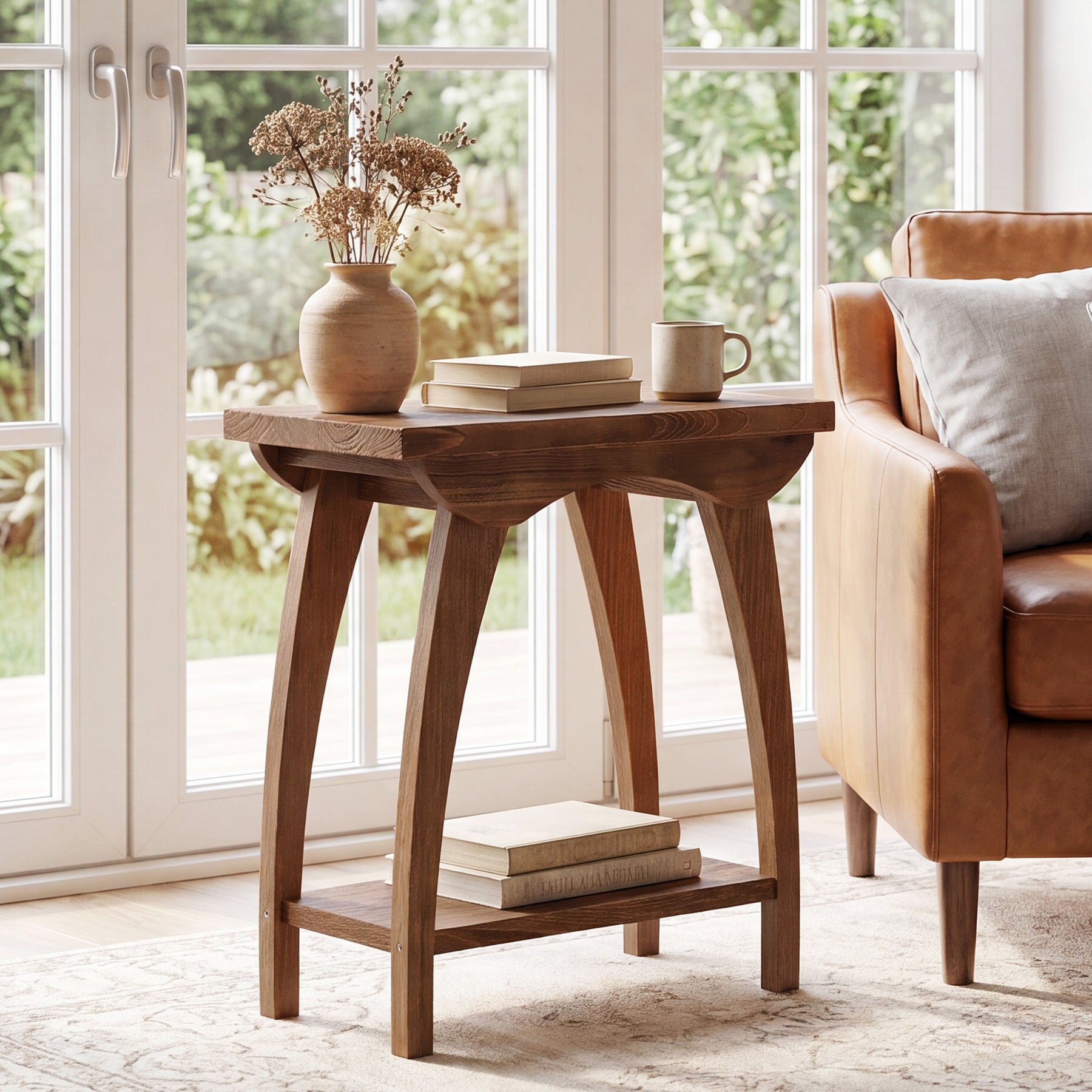 2-Tier Solid Wood End Table, Rectangle Sofa Side Table with Shelf for Living Room