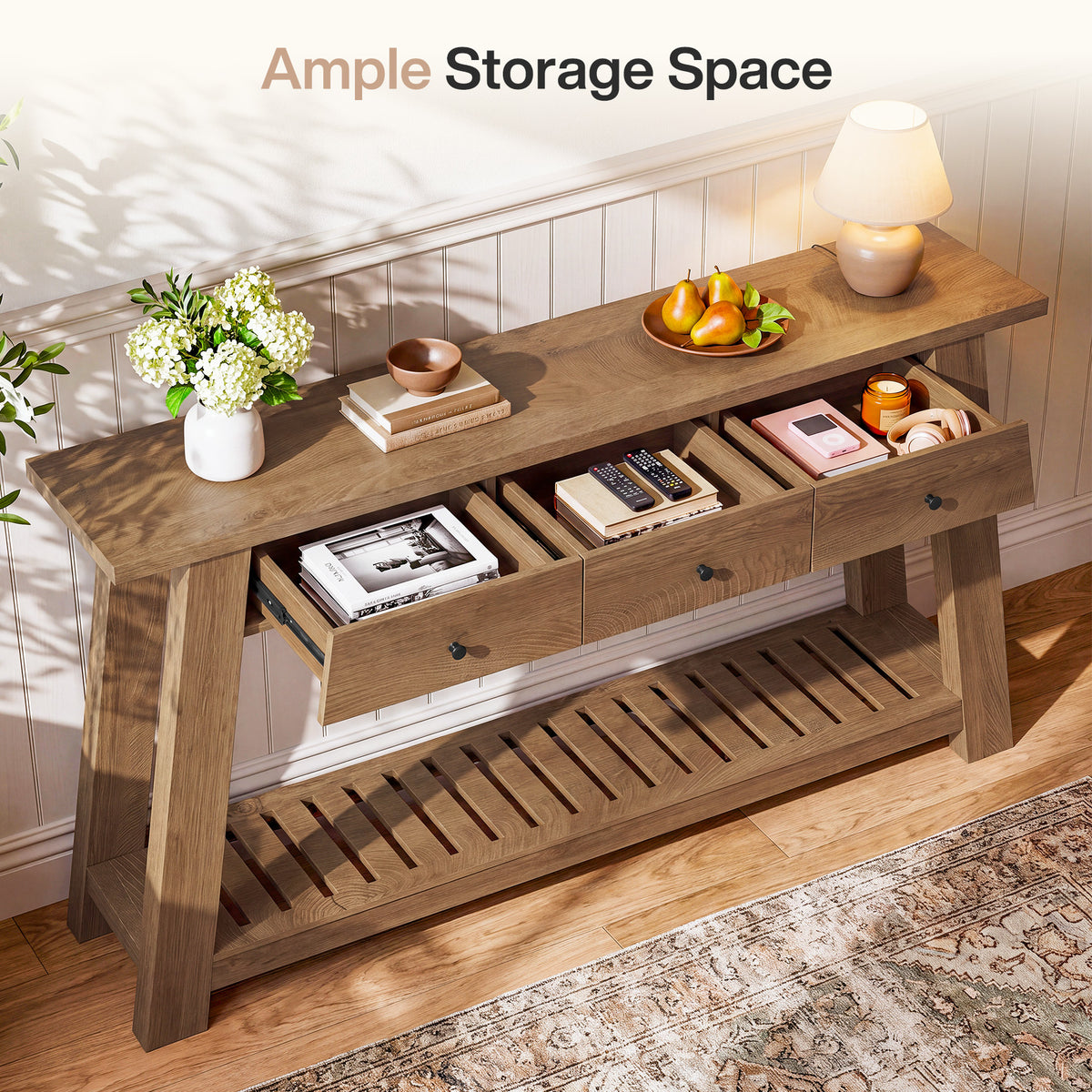 63" Console Table with 3 Drawers & Open Storage Shelf, Narrow Entryway Table Behind Couch