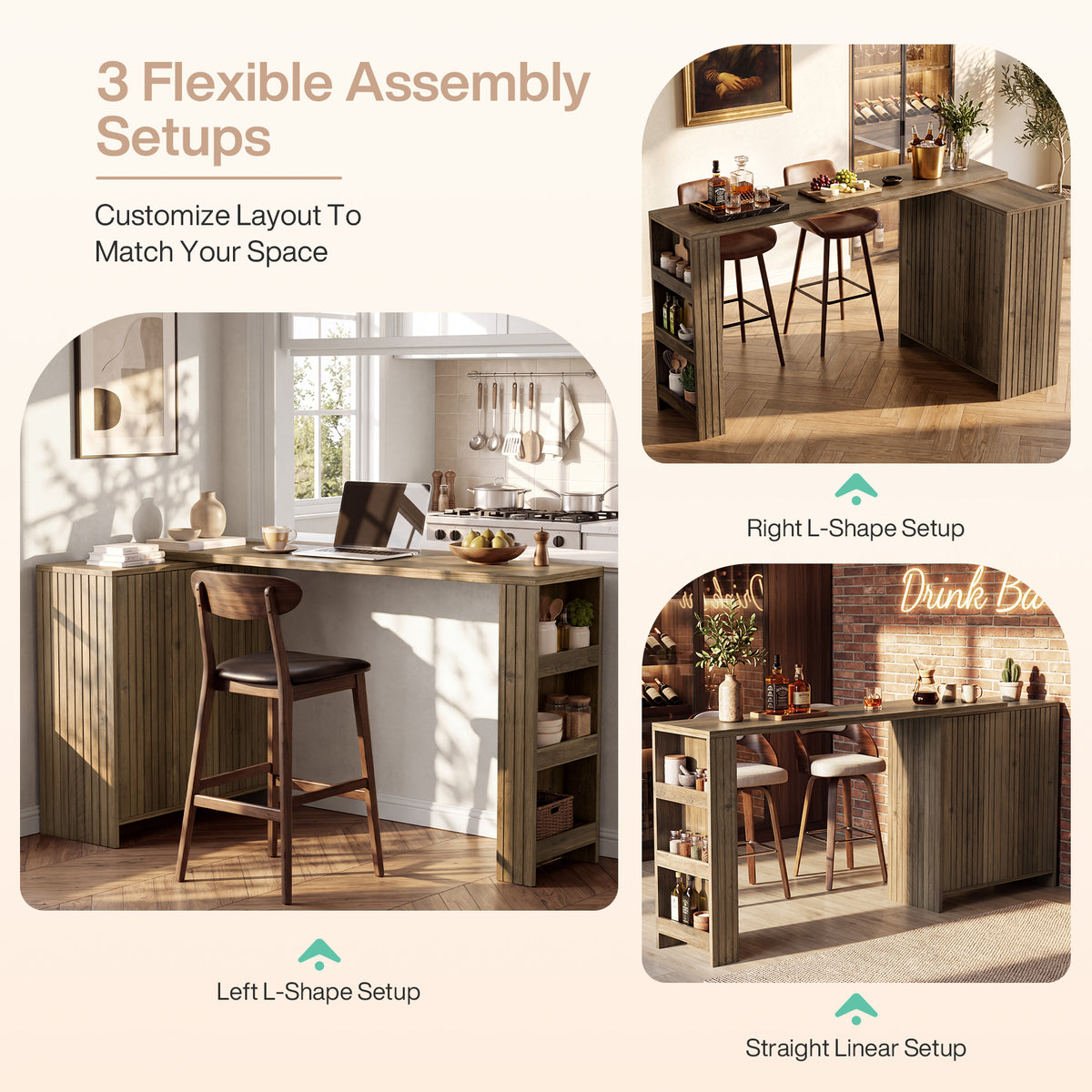 L-Shaped Bar Table, Counter Height Table with Cabinet & Open Shelves for Kitchen, Dining Room