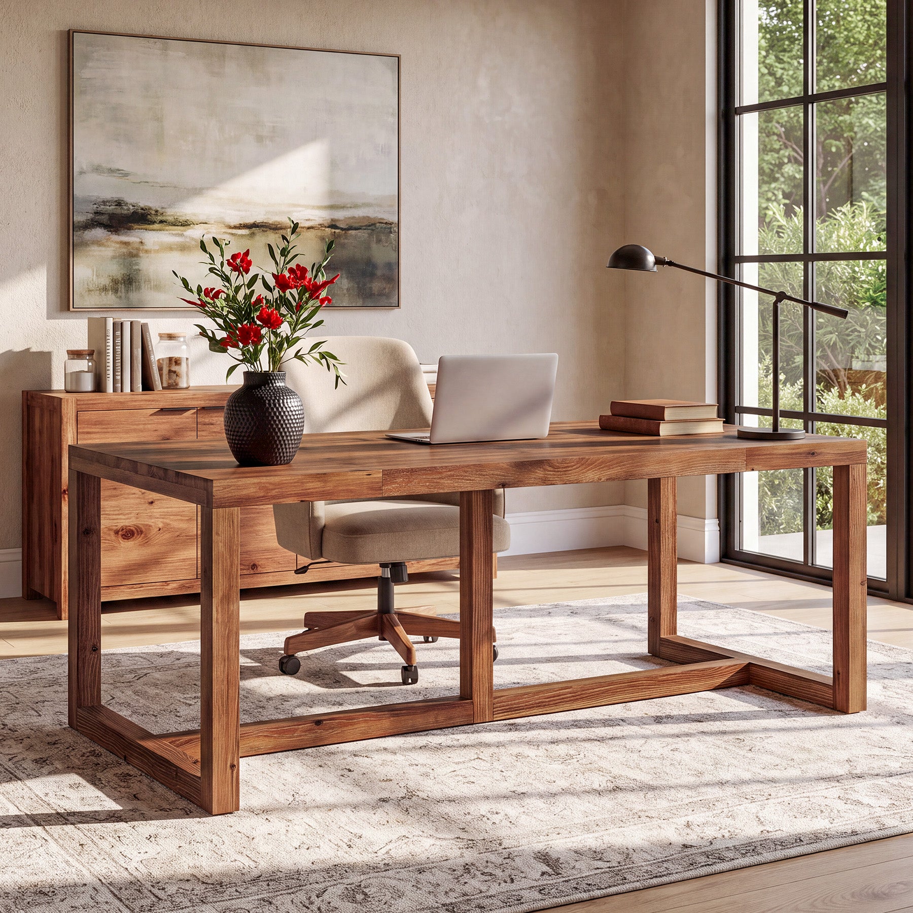 71" Farmhouse Executive Desk, Solid Wood Large Computer Workstation, Home Office
