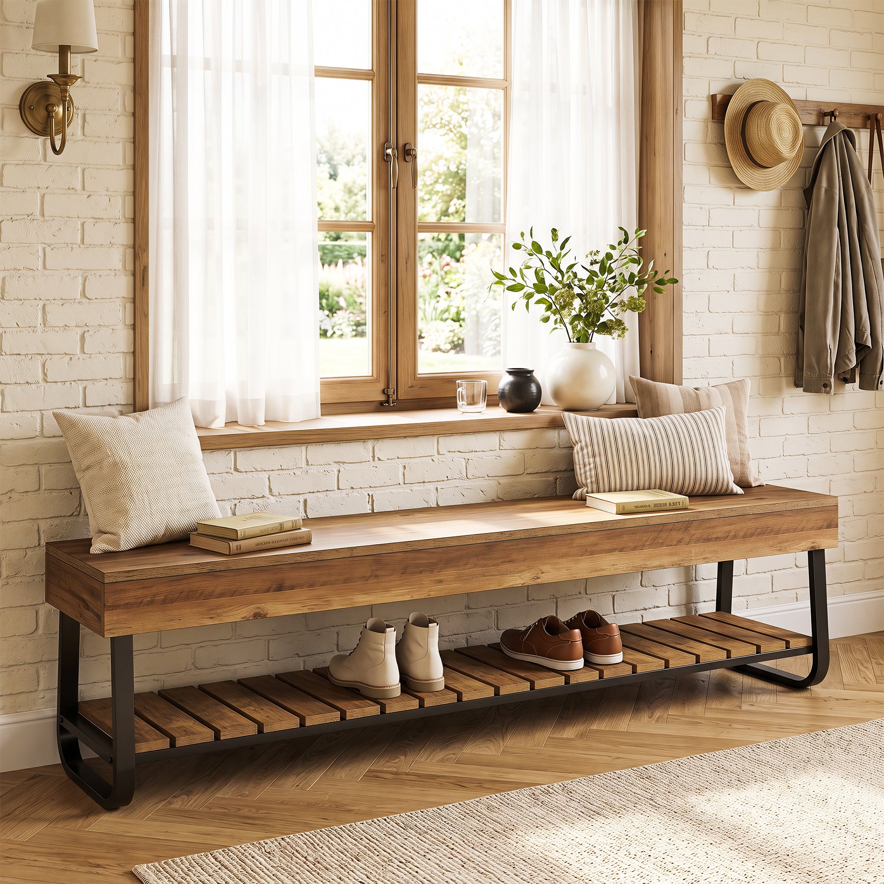 63" Entryway Bench with Storage Slatted Shelf, 2-Tier Shoe Bench with Metal Frame