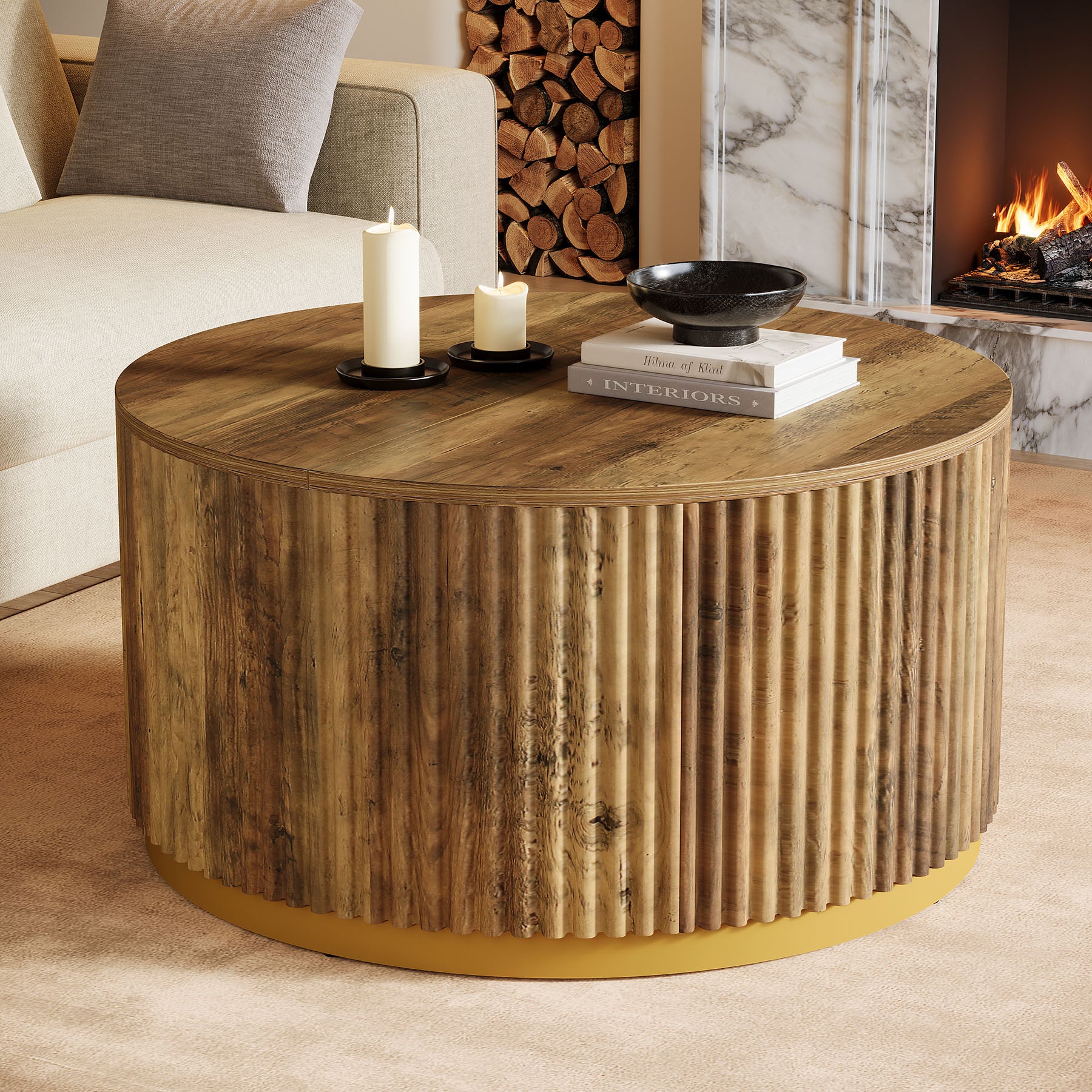 31.5" Round Coffee Table, Fluted Wooden Center Table with Sturdy Drum Base