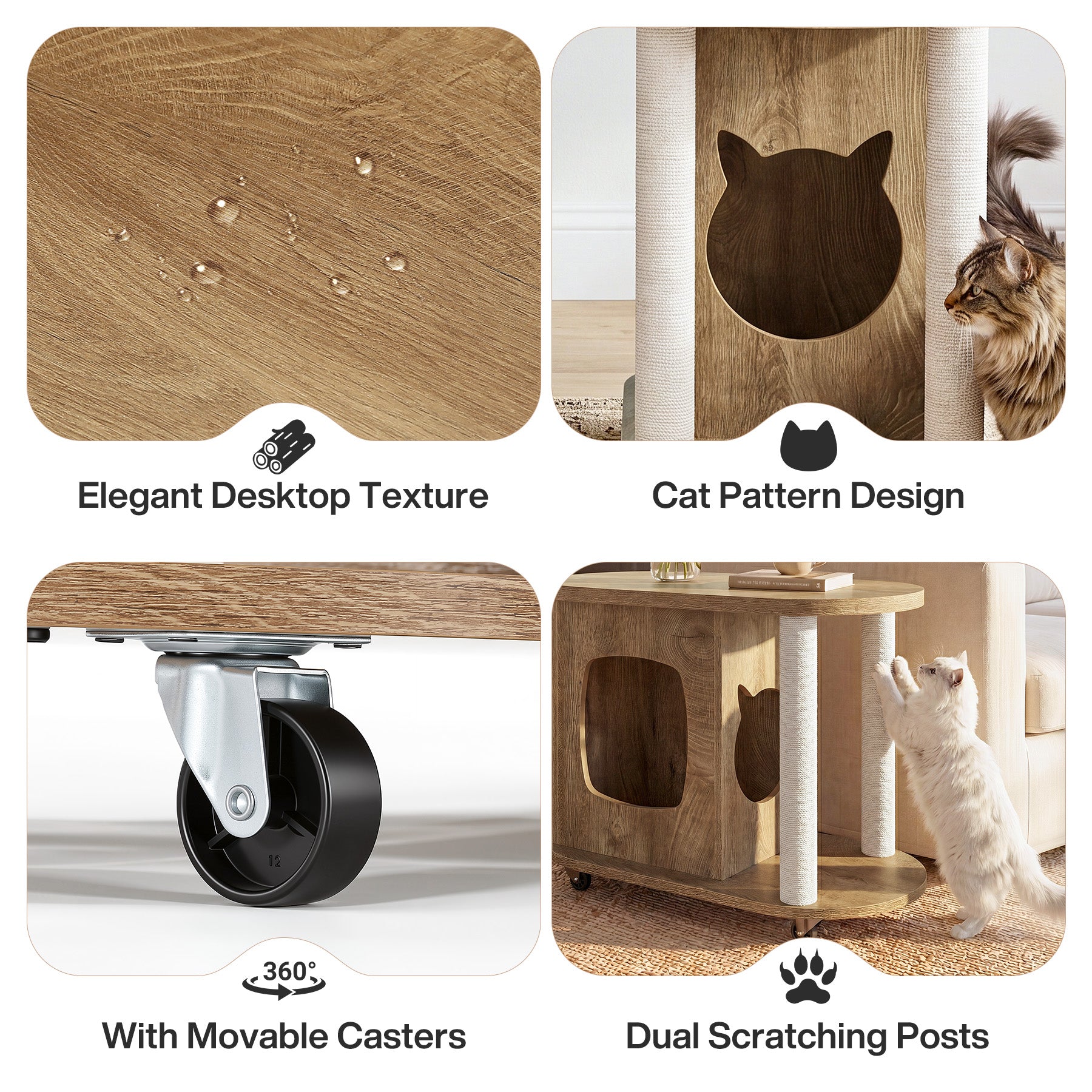 Rolling Sofa Side Table, End Table with Scratching Posts and Cat Bed