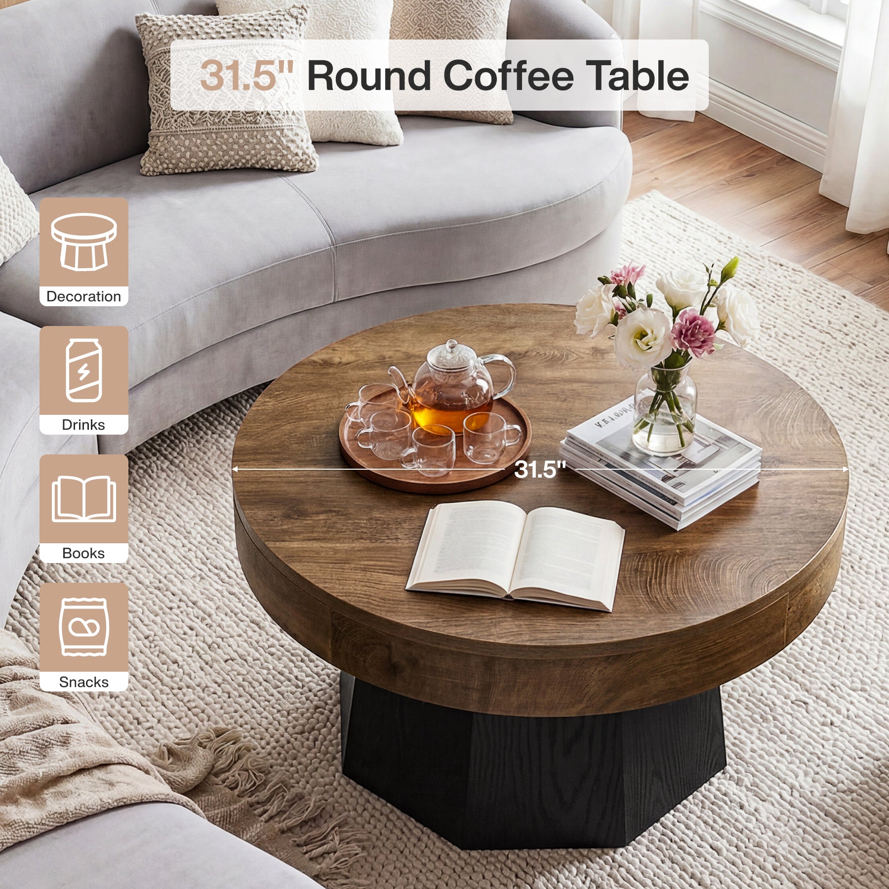 31.5" Round Coffee Table, octagonal base Tea Table for Living Room