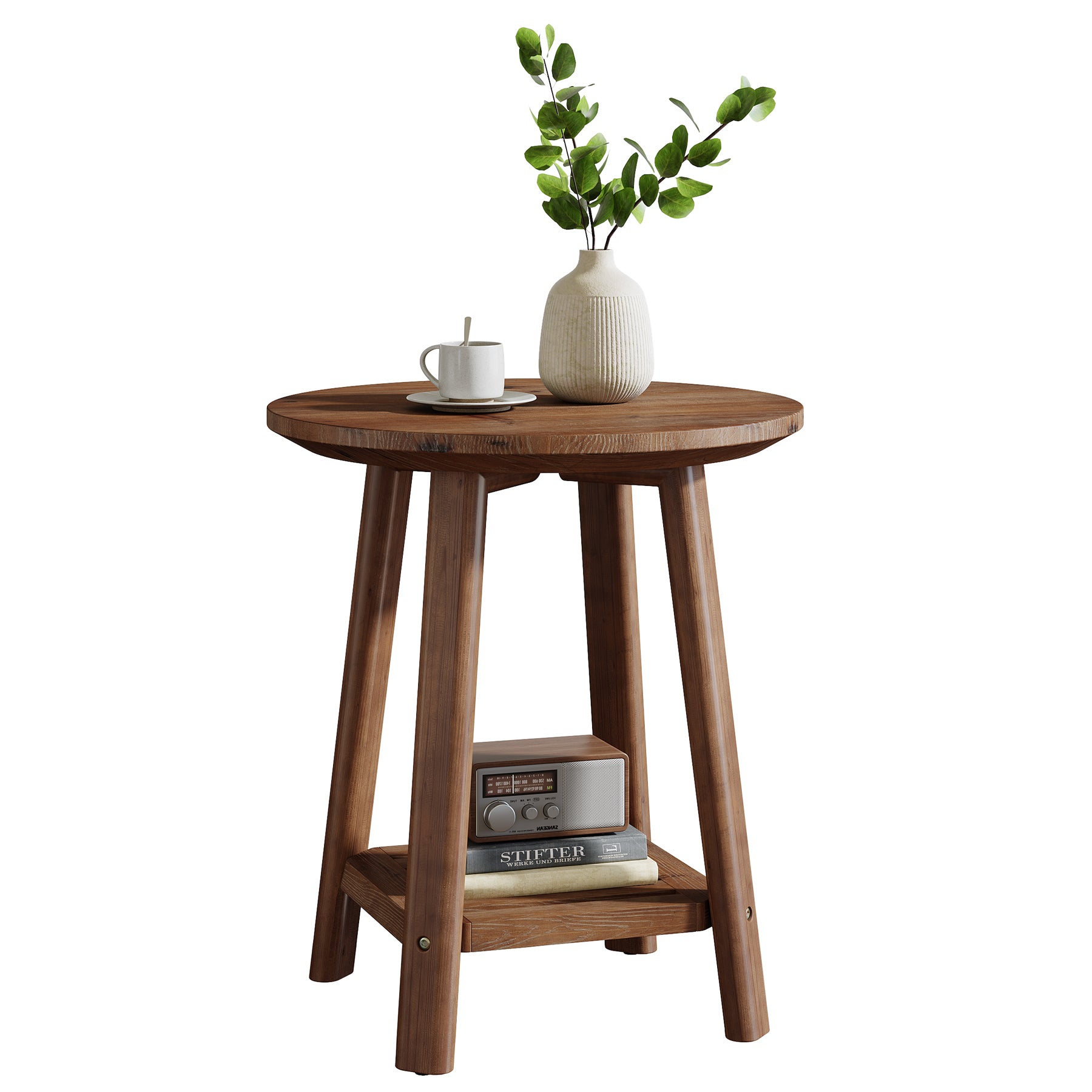 23.62" Round Solid Wood Side Table, 2-Tier Farmhouse Storage Shelf Walnut