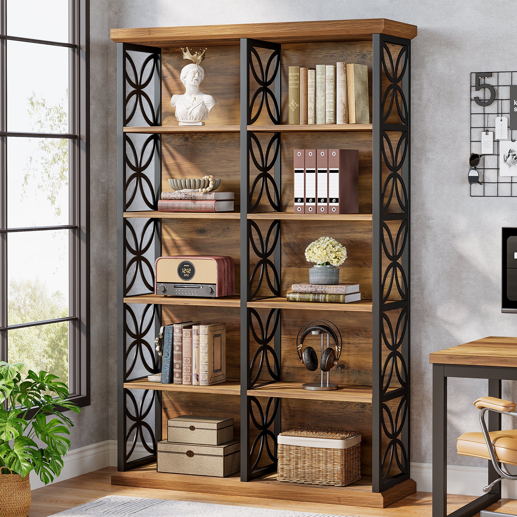 75" Industrial 6-Tier Bookcase, 10-Cube Metal Frame Freestanding Bookshelf, Home Office