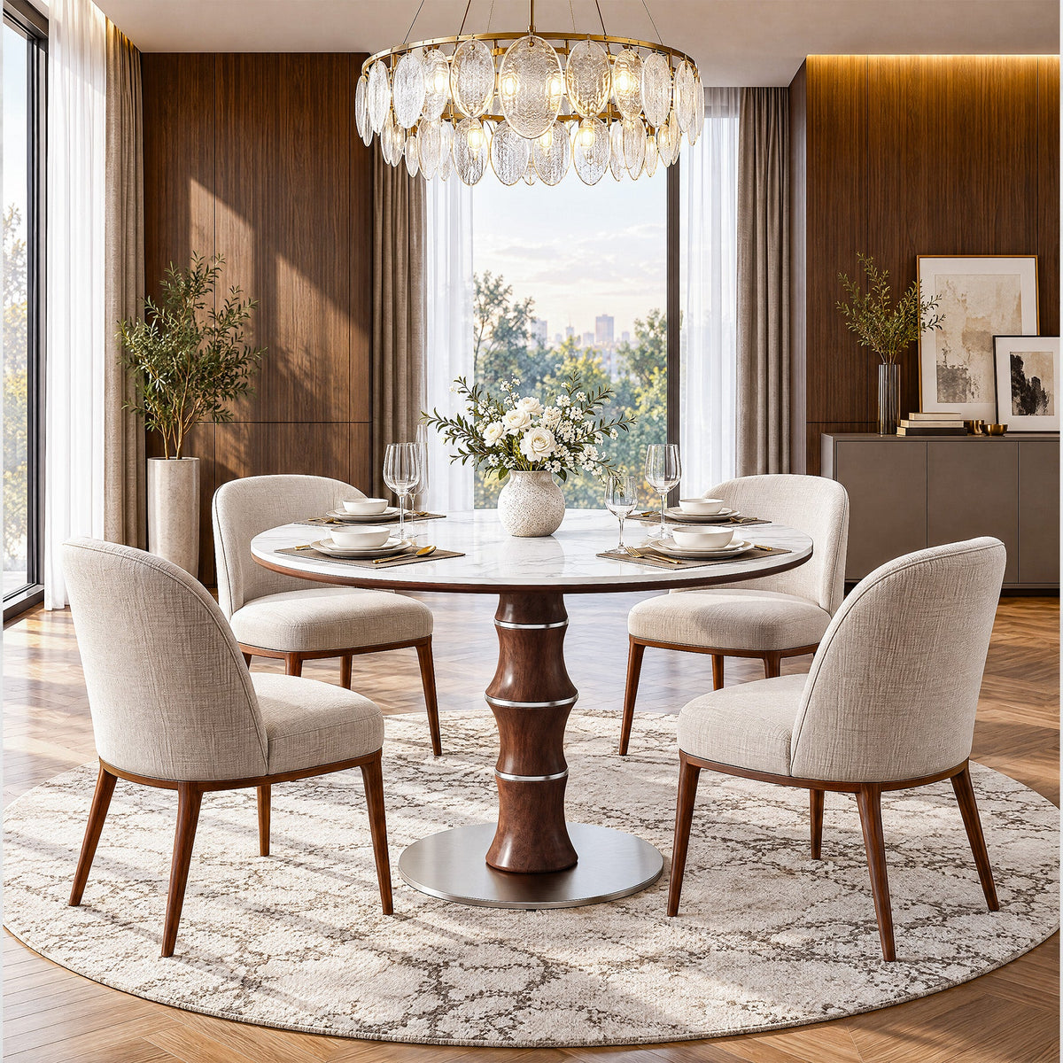 35" Round Sintered Stone Dining Table for 2-4, Rubberwood Pedestal & Stainless Steel Base
