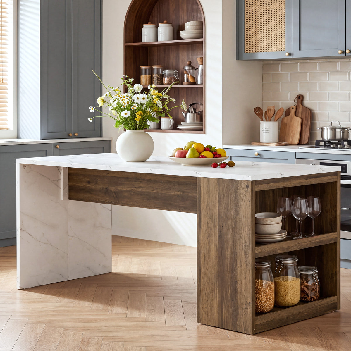 71" Kitchen Island with Storage Shelves, Farmhouse Island Table for Kitchen