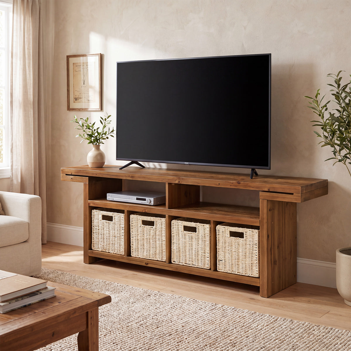 63" Farmhouse Solid Wood TV Stand with 4 Baskets & 2 Open Shelves