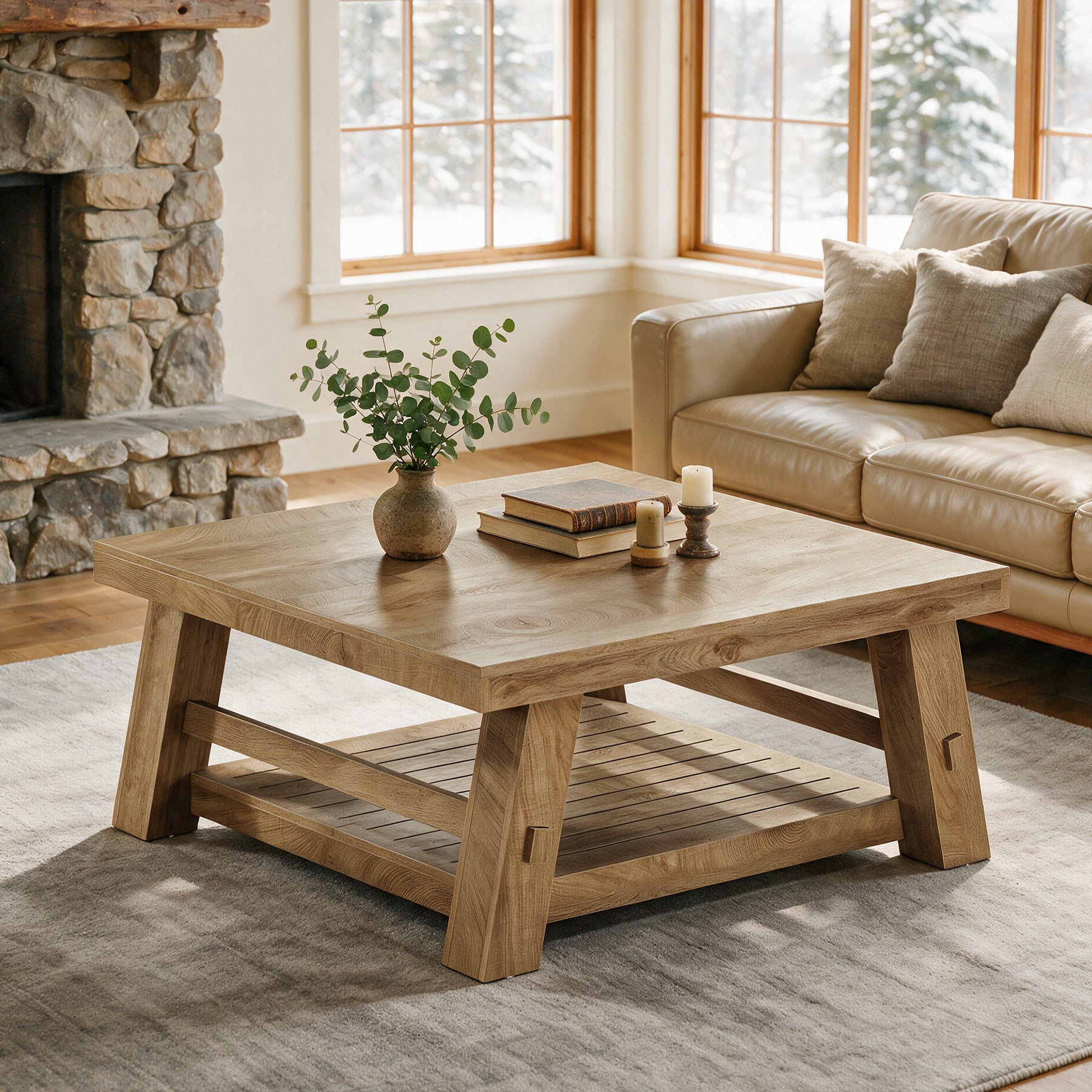 39" Square Coffee Table, 2-Tier Slatted Storage Shelf, Farmhouse Living Room