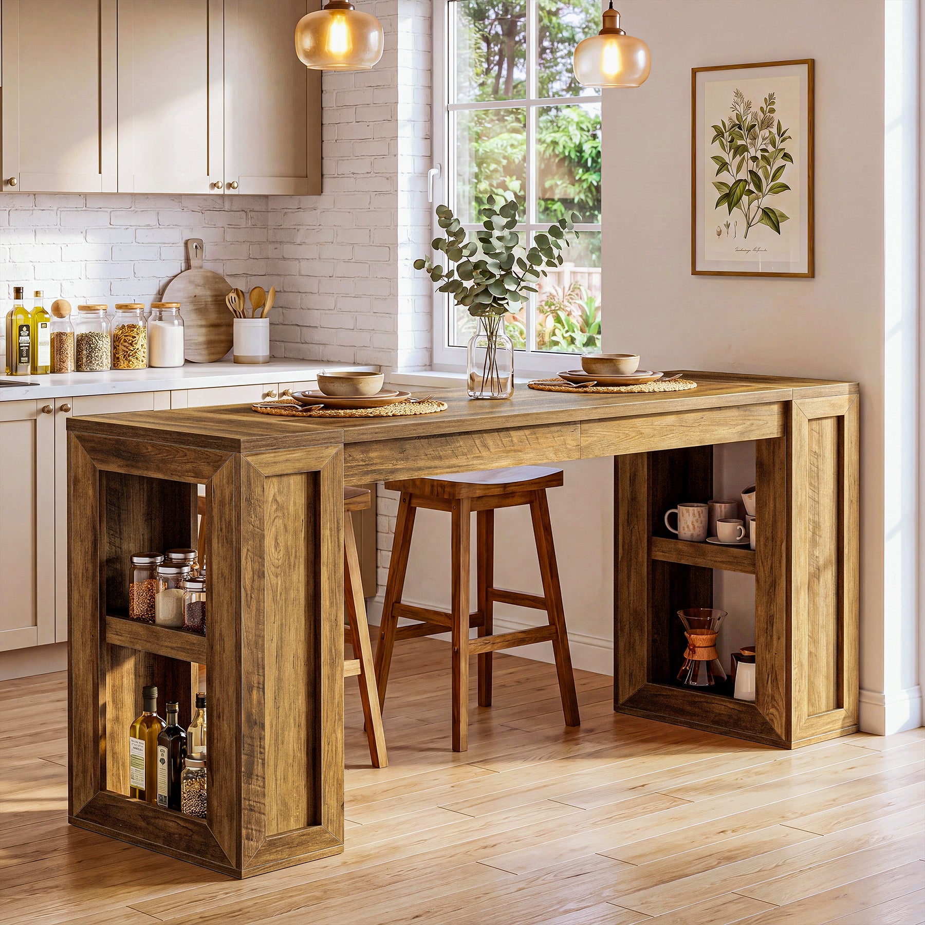 70.87" Farmhouse Bar Table, Rectangular High Top Pub Tables with Open Storage Shelves for Kitchen