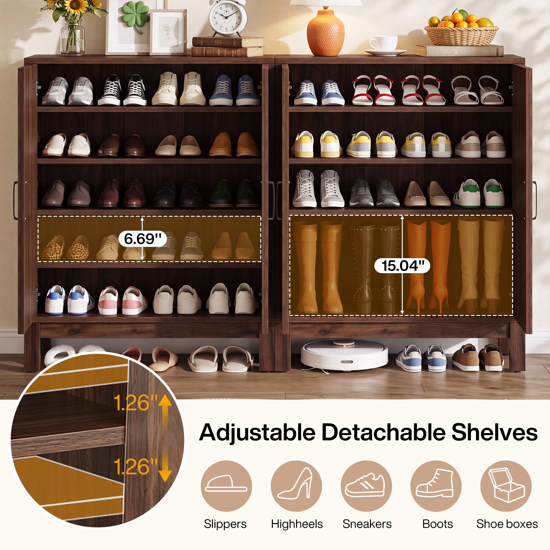 5-Tier Shoe Cabinet, Farmhouse Shoe Storage Organizer with Doors & Adjustable Shelves