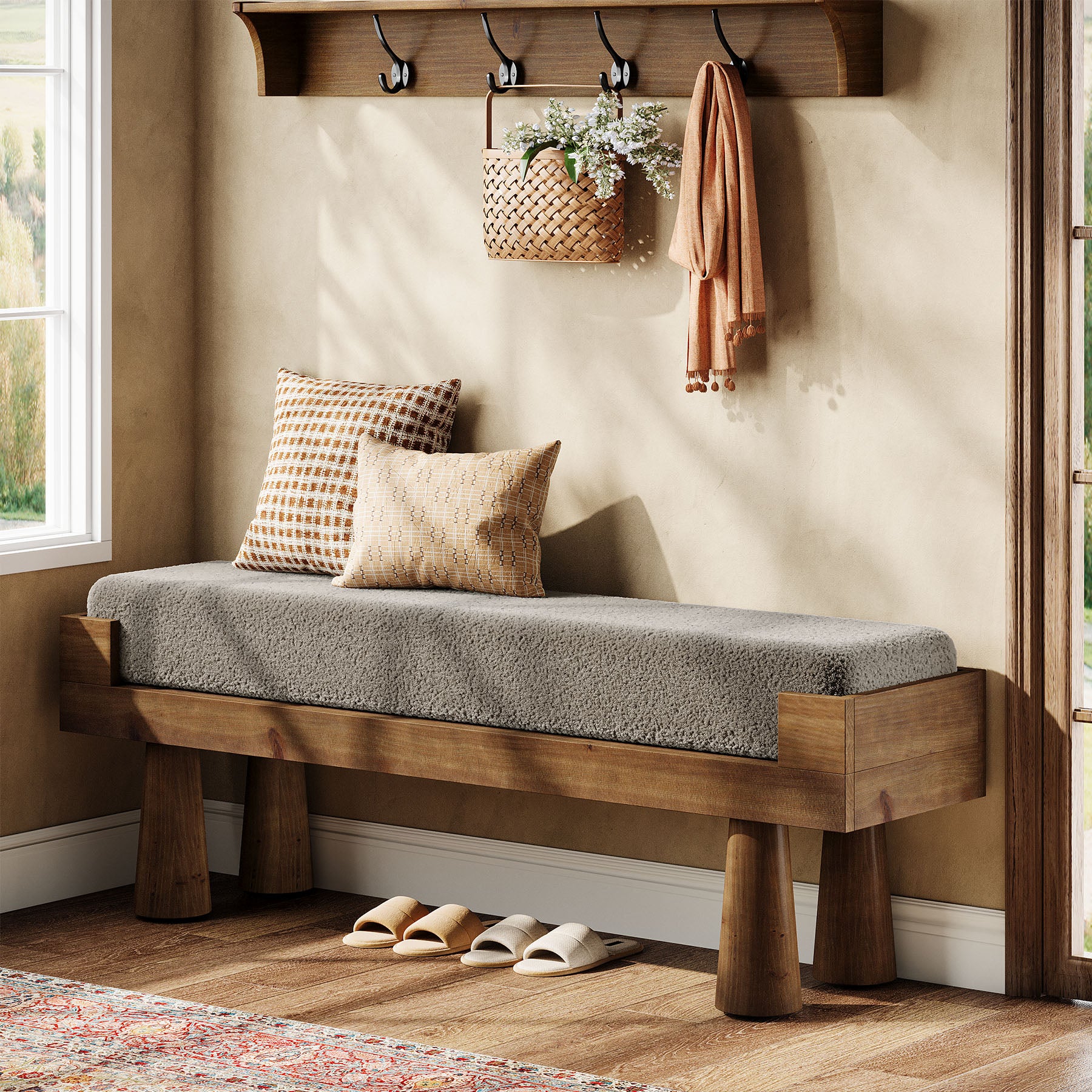 Upholstered Entryway Bench, Shoe Bench End of Bed Footstool with Solid Wood Legs