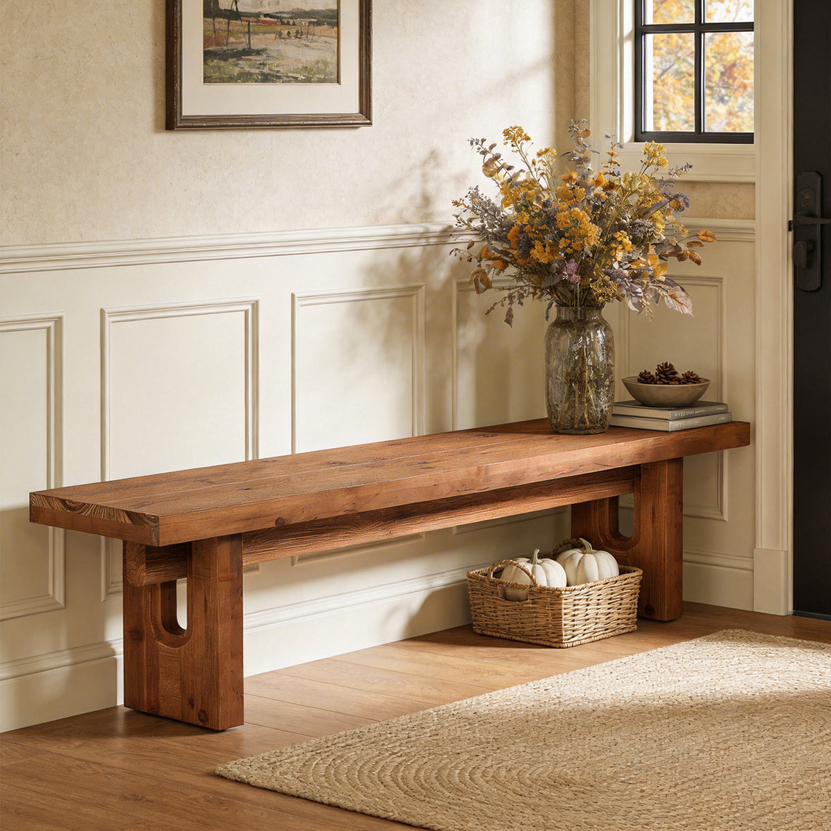 63“ Long Entryway Bench, Solid Wood End of Bed Indoor Seating