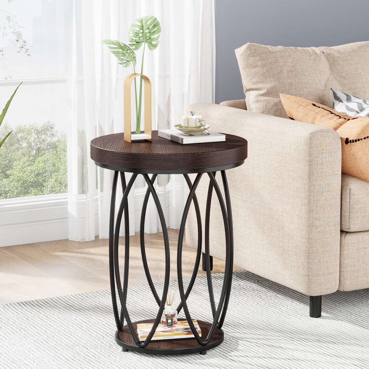 Tribesigns Round End Table, Industrial Side Table with Storage Shelf